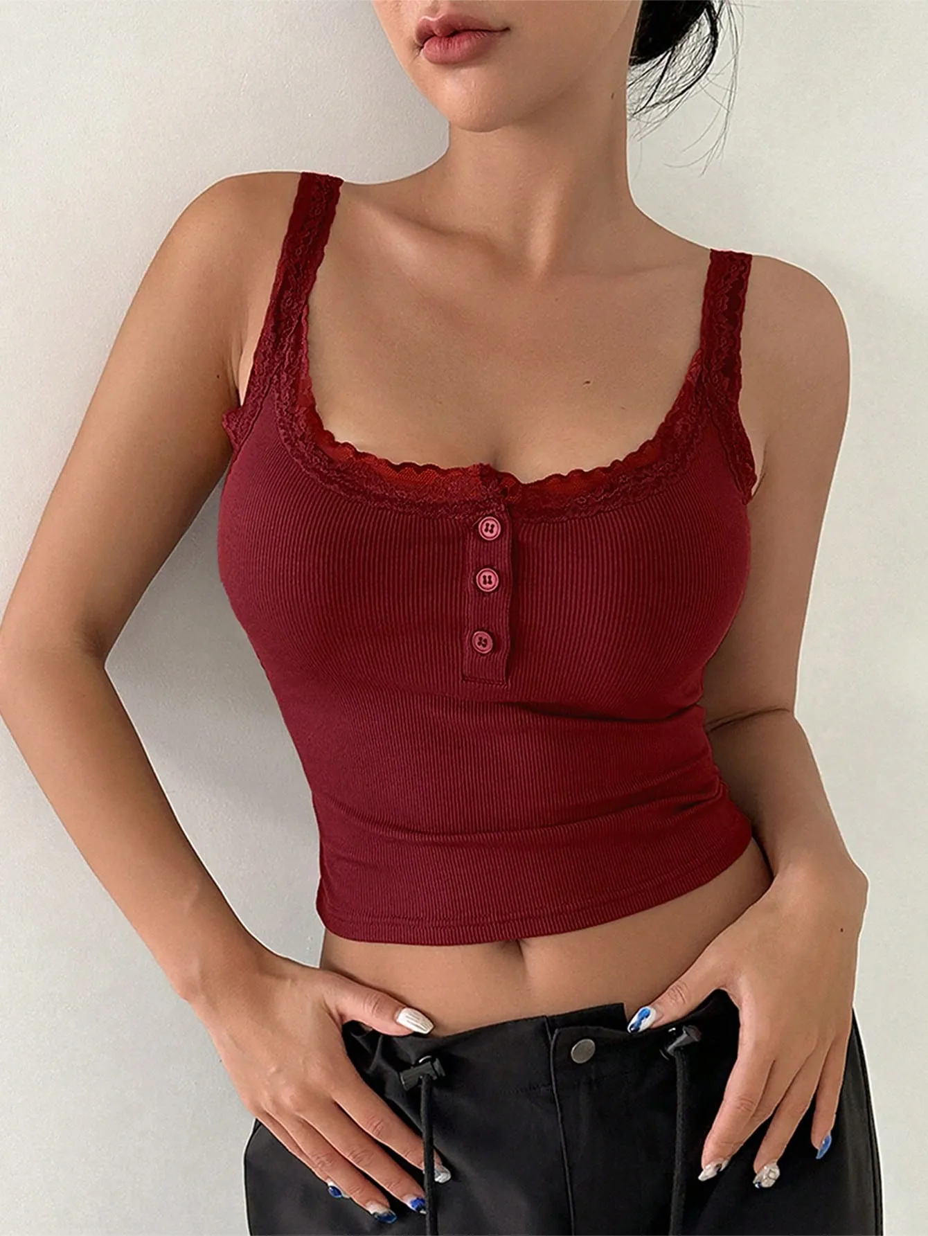 DAZY Lace Trim Button Front Crop Cami Top