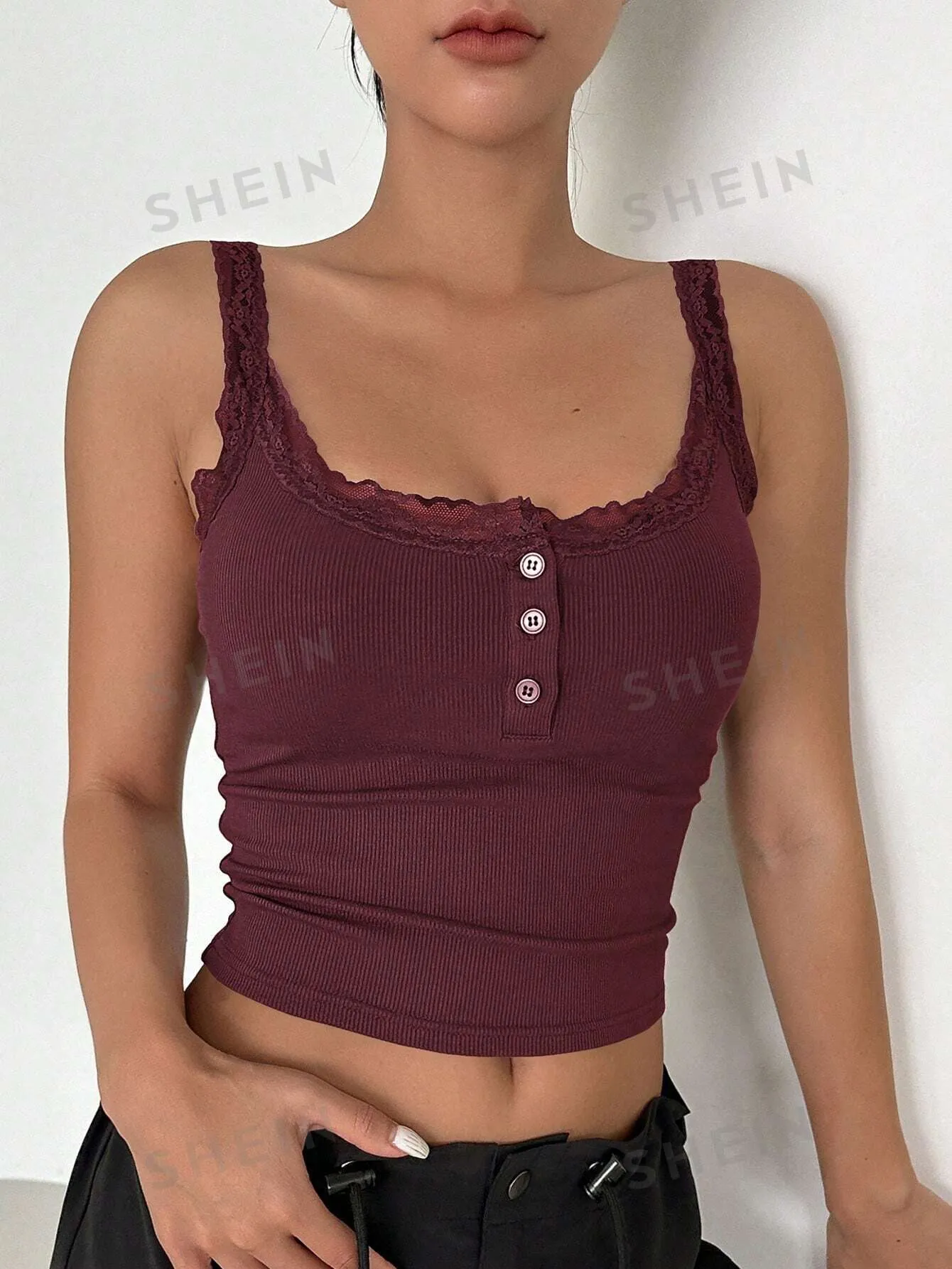 DAZY Lace Trim Button Front Crop Cami Top