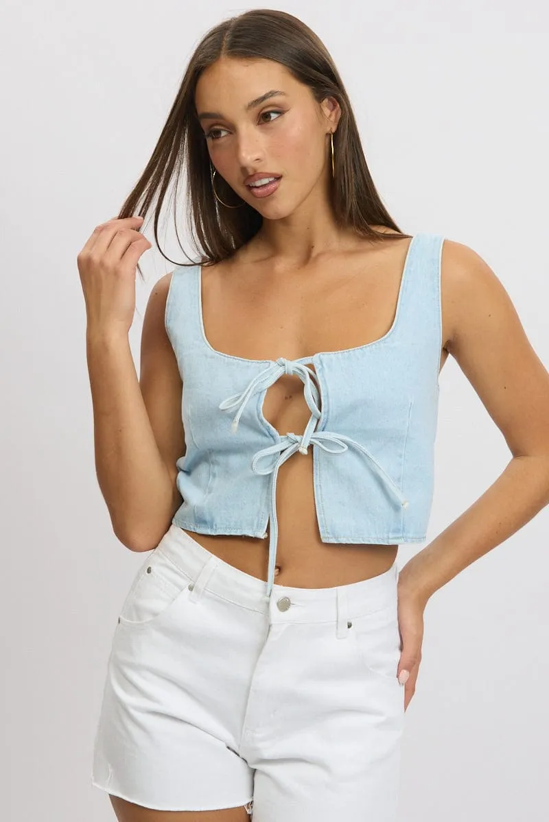 Denim Tie Front Top Sleeveless