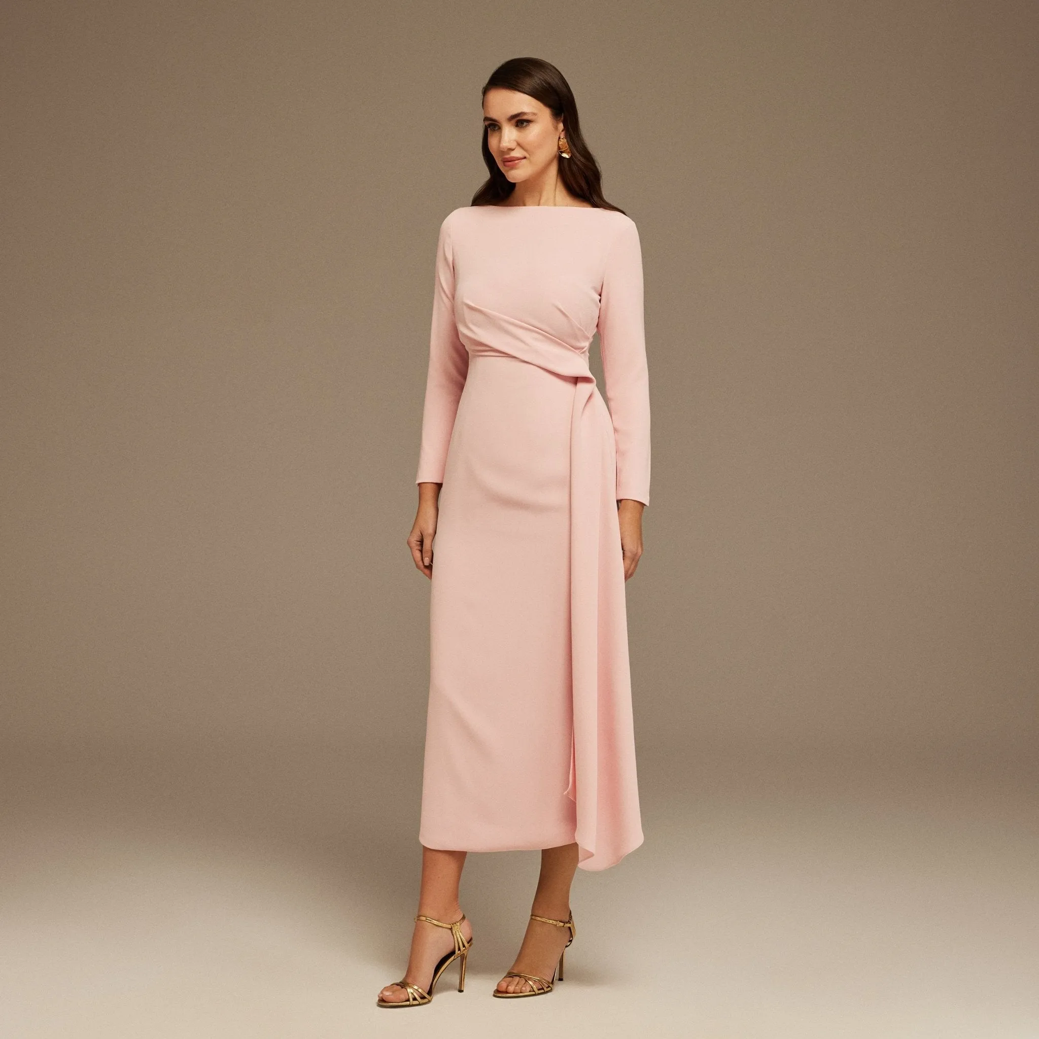 Draped Midi Dress with Long Sleeves