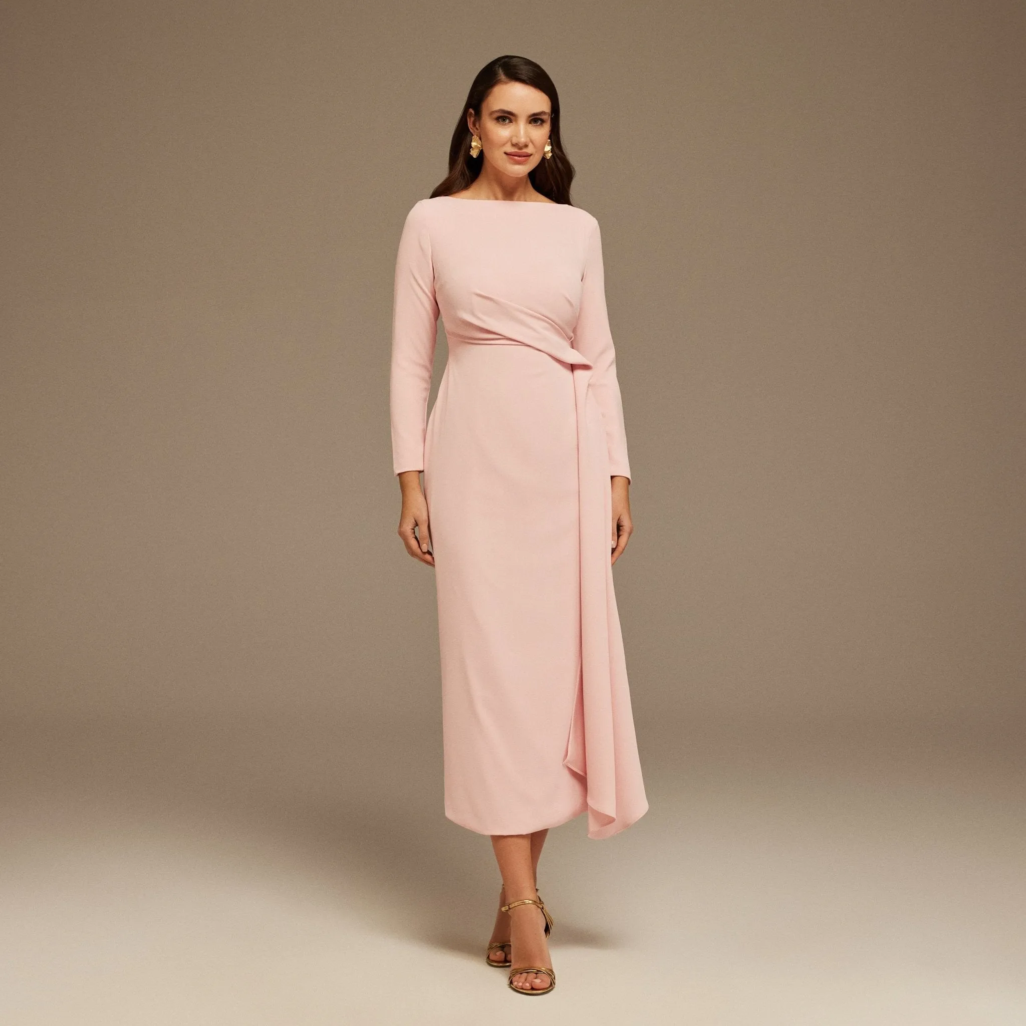 Draped Midi Dress with Long Sleeves