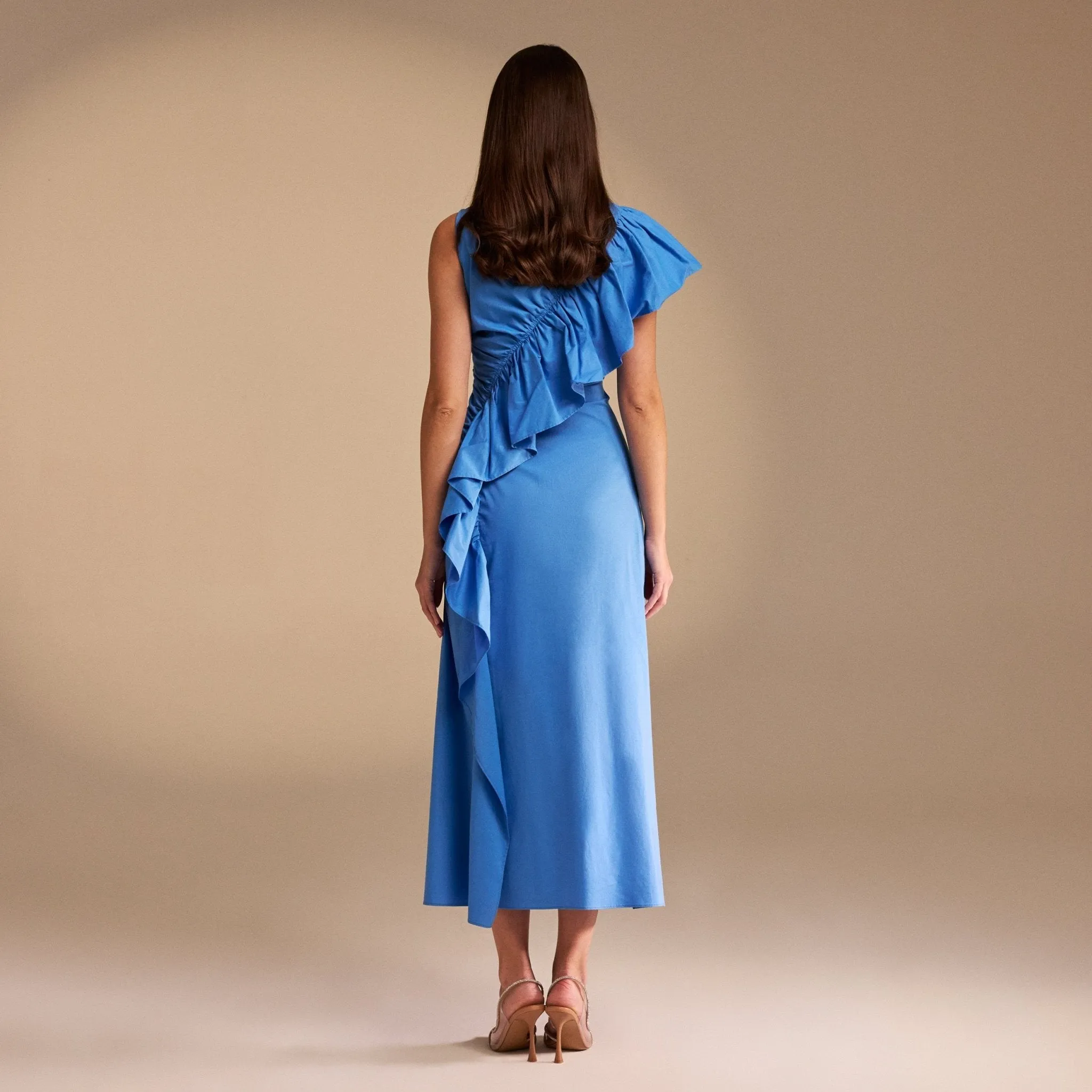 Draped Ruffle Poplin Midi Dress