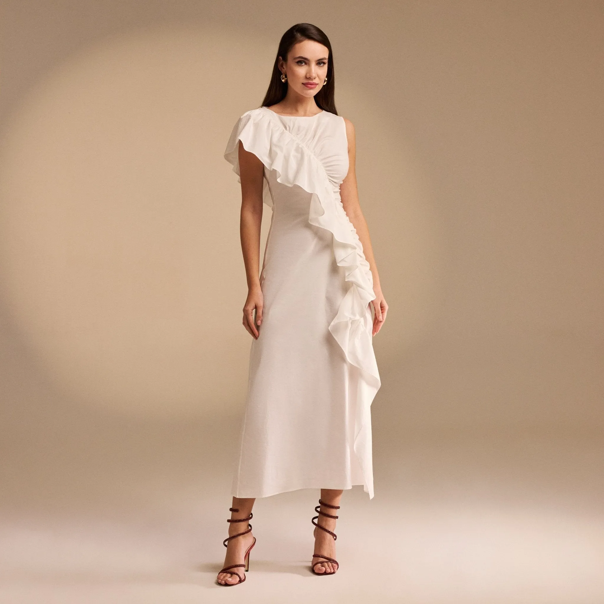 Draped Ruffle Poplin Midi Dress