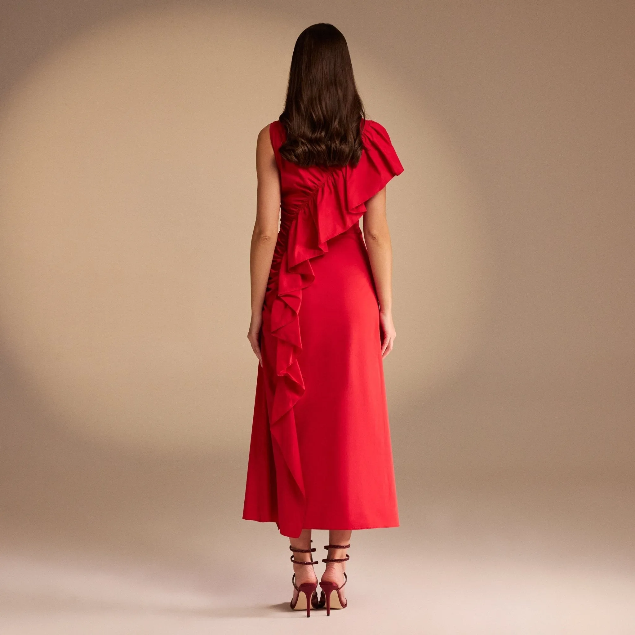 Draped Ruffle Poplin Midi Dress