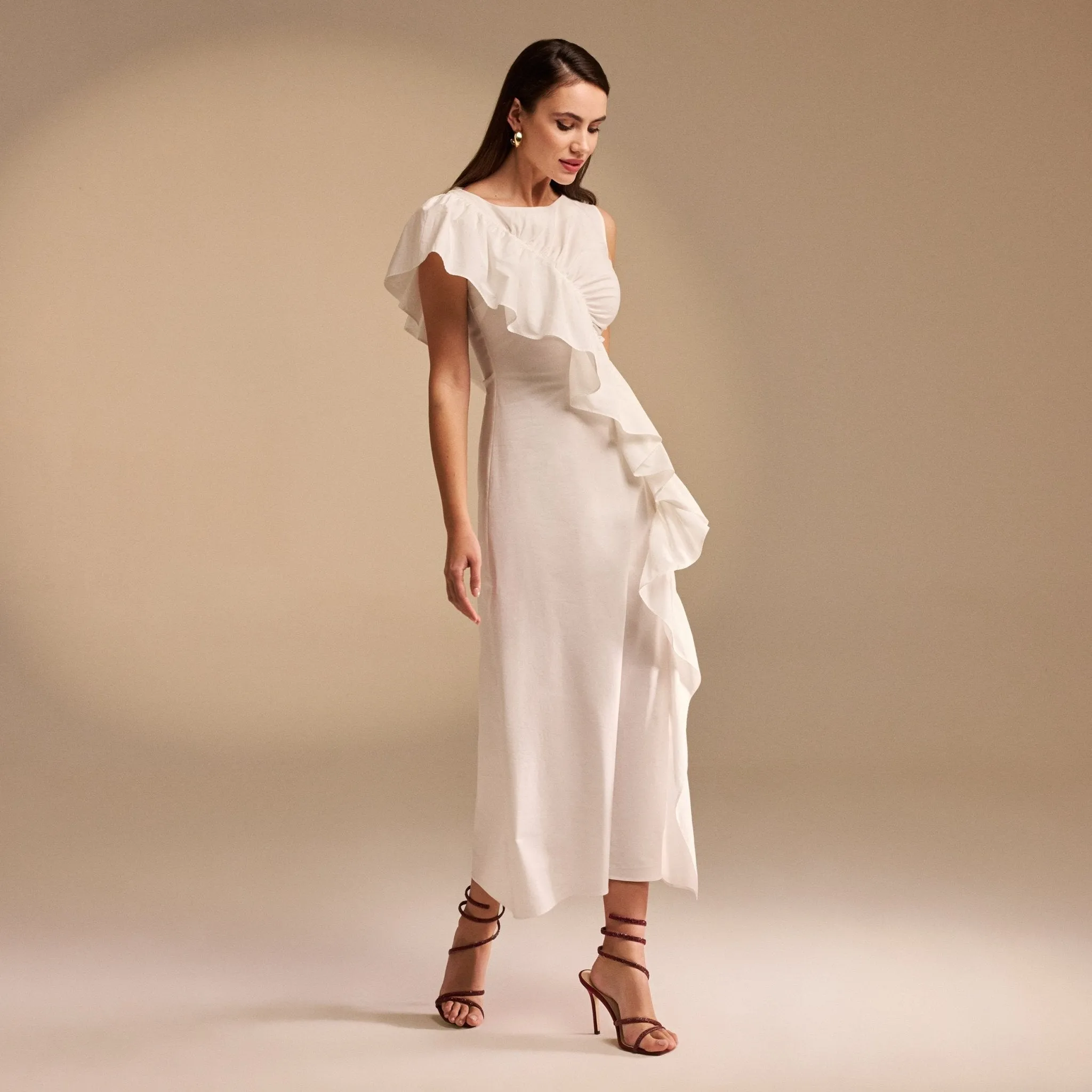 Draped Ruffle Poplin Midi Dress