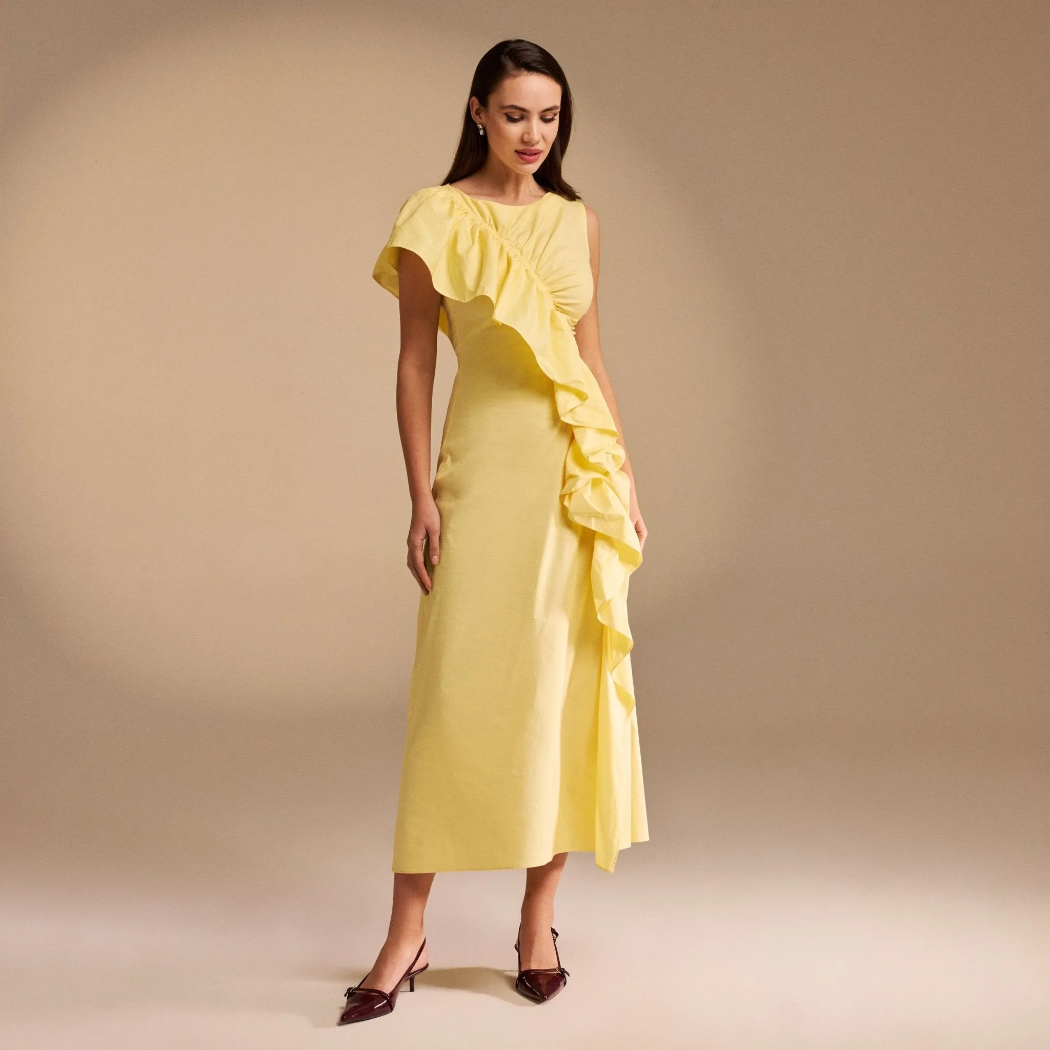 Draped Ruffle Poplin Midi Dress