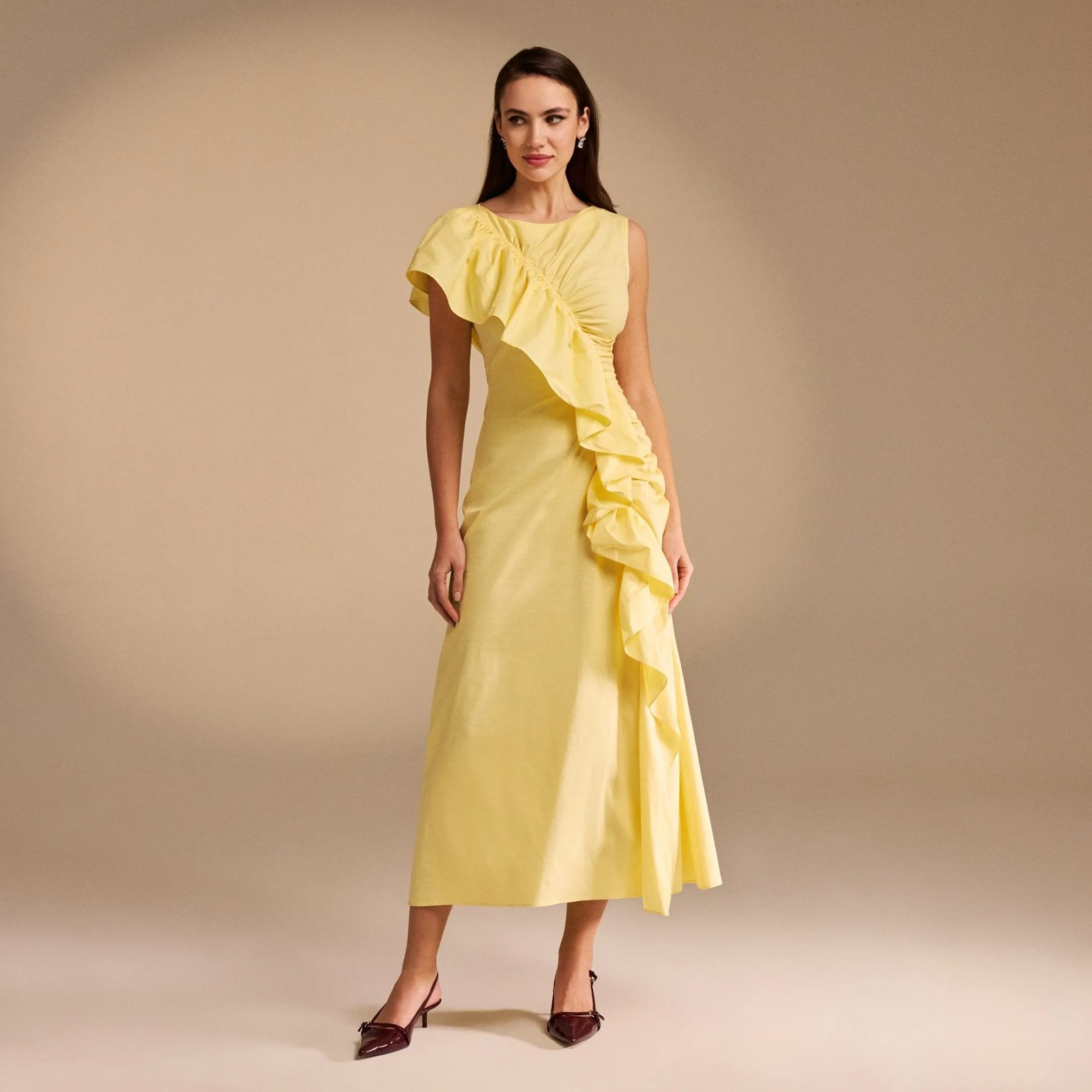 Draped Ruffle Poplin Midi Dress