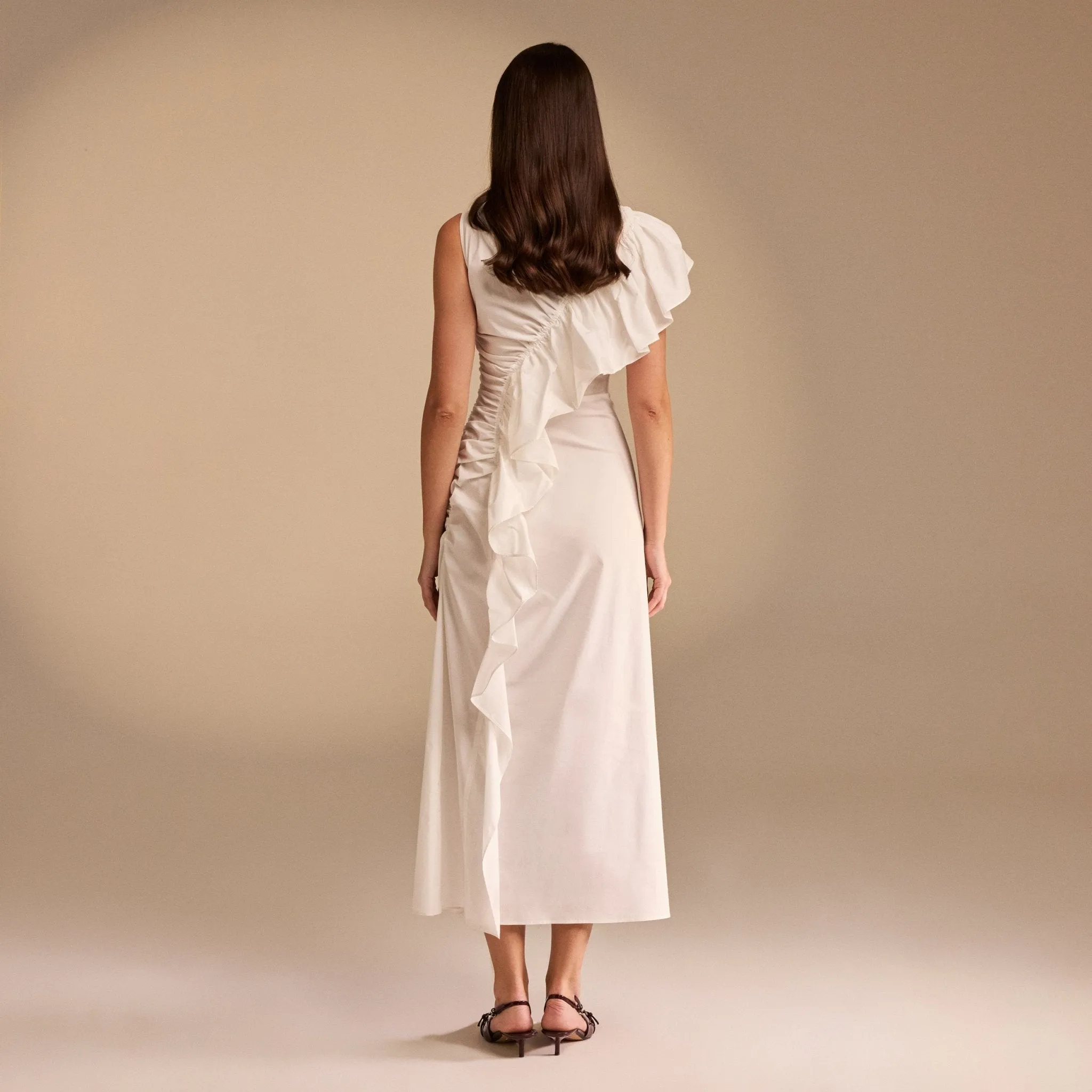 Draped Ruffle Poplin Midi Dress