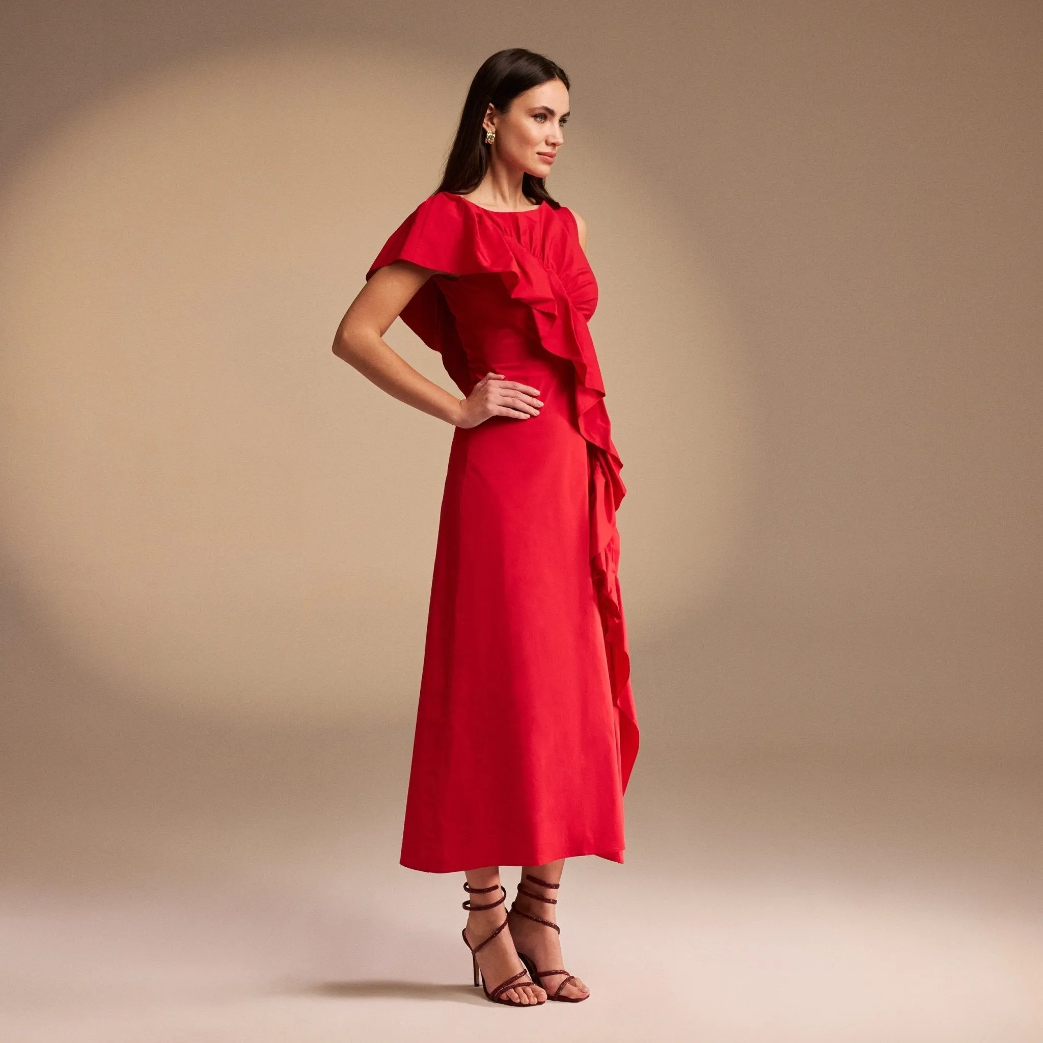 Draped Ruffle Poplin Midi Dress