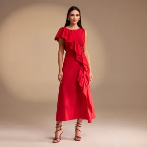 Draped Ruffle Poplin Midi Dress