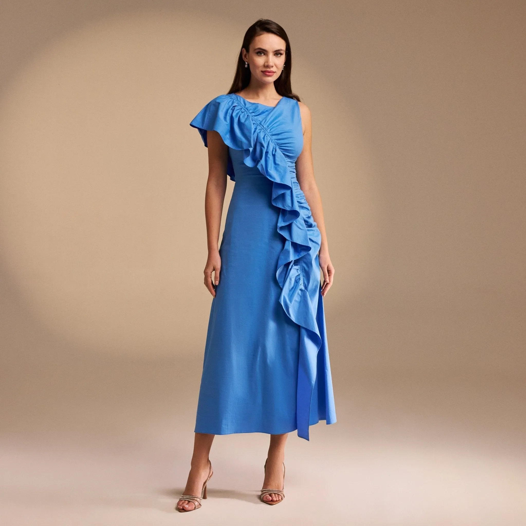 Draped Ruffle Poplin Midi Dress