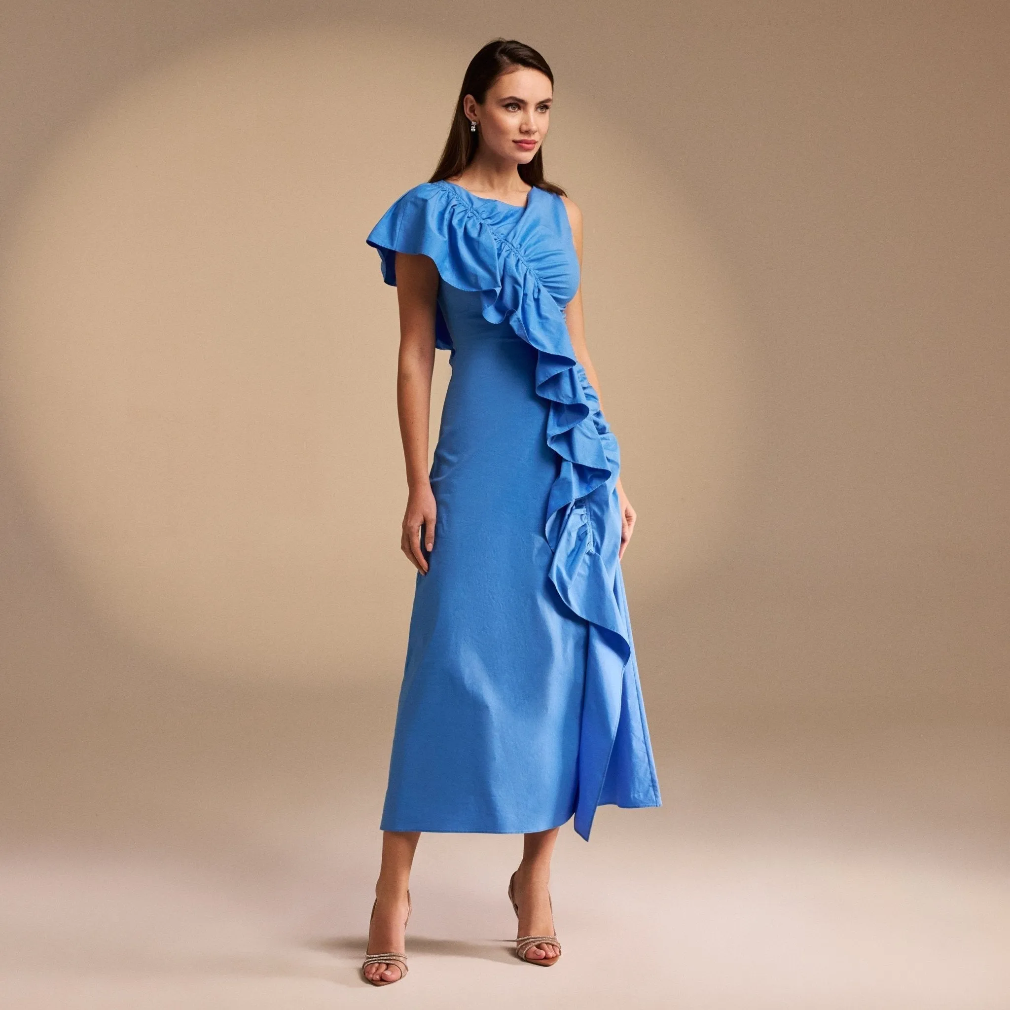 Draped Ruffle Poplin Midi Dress