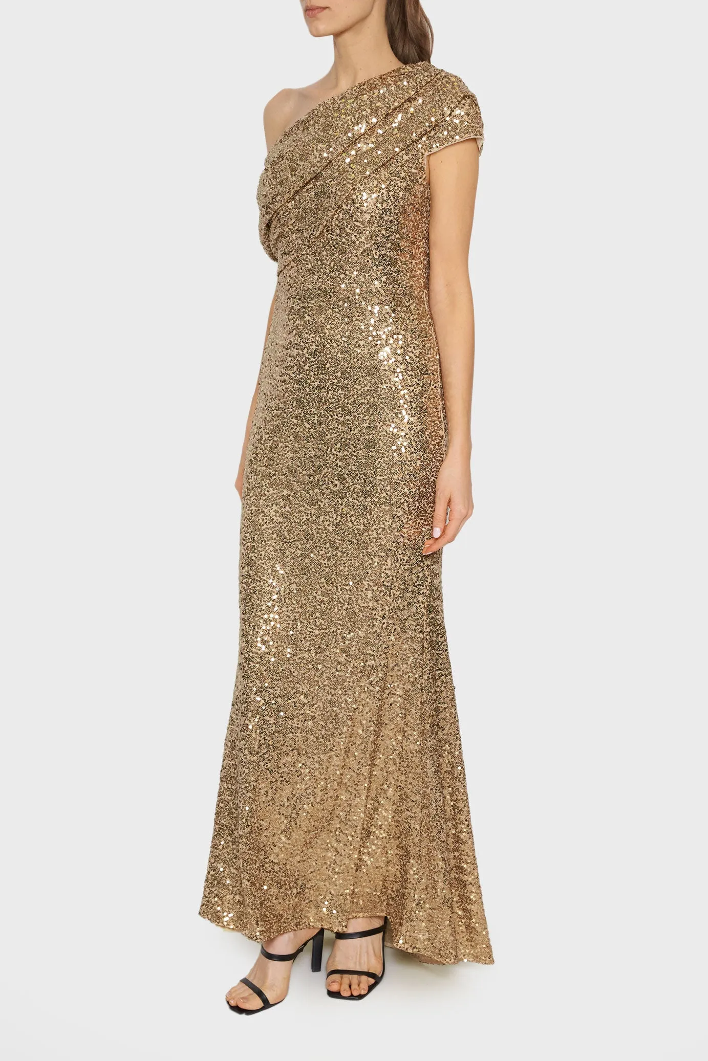 Draped Shoulder Sequin Gown