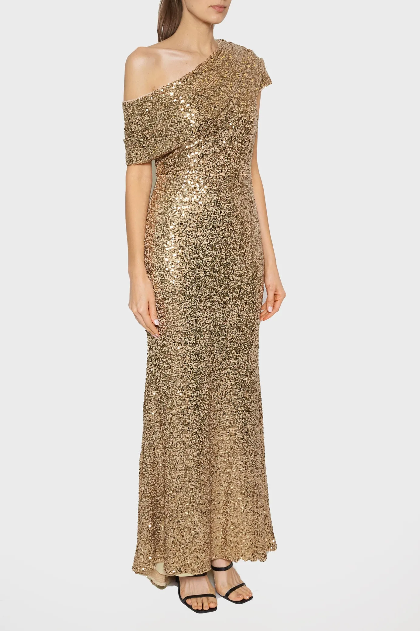Draped Shoulder Sequin Gown