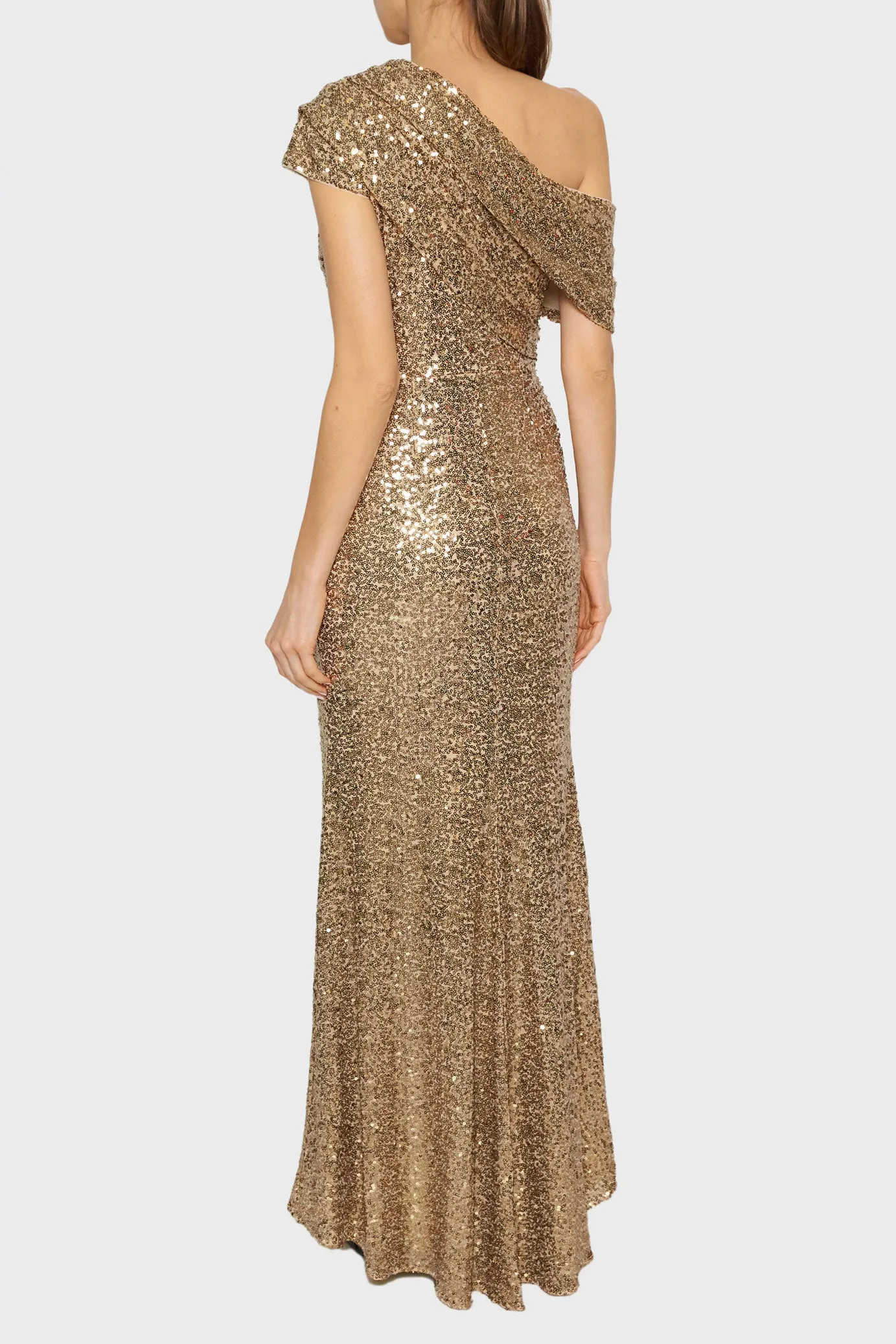 Draped Shoulder Sequin Gown
