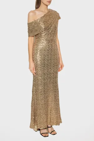 Draped Shoulder Sequin Gown