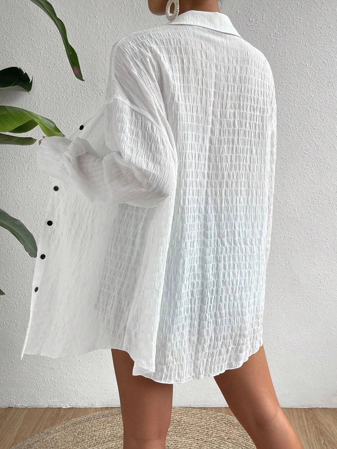 Drop Shoulder Button Front Kimono, Long Sleeve Tops