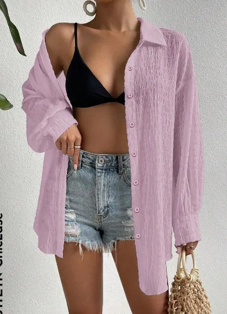 Drop Shoulder Button Front Kimono, Long Sleeve Tops