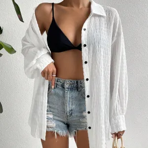 Drop Shoulder Button Front Kimono, Long Sleeve Tops