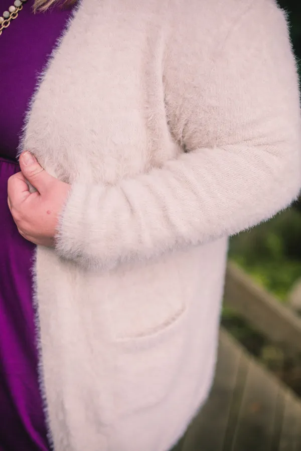 Ecru Fuzzy Knit Caridigan with Front Pockets