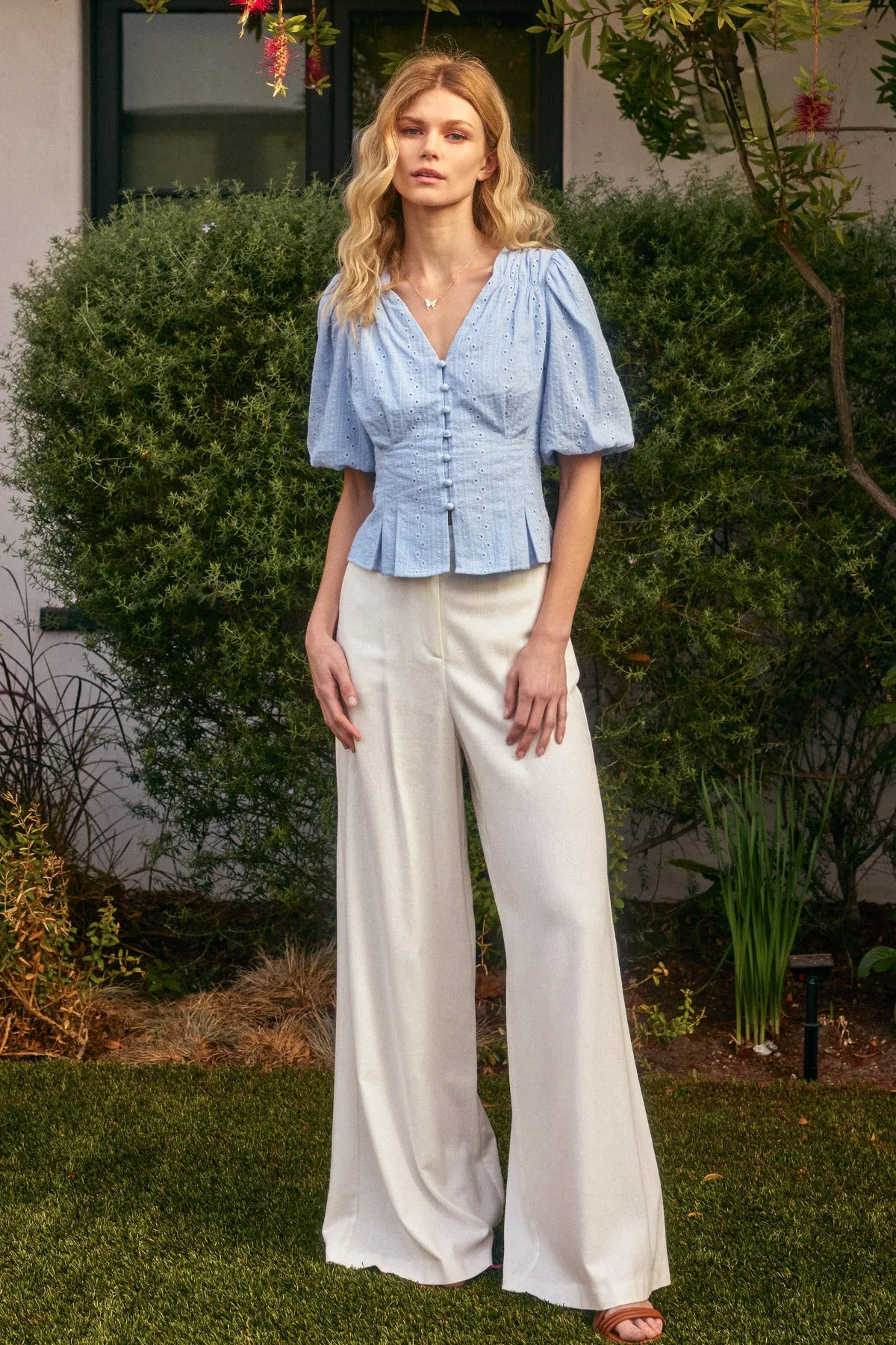 Evanna Eyelet Puff Sleeve Button Down Top