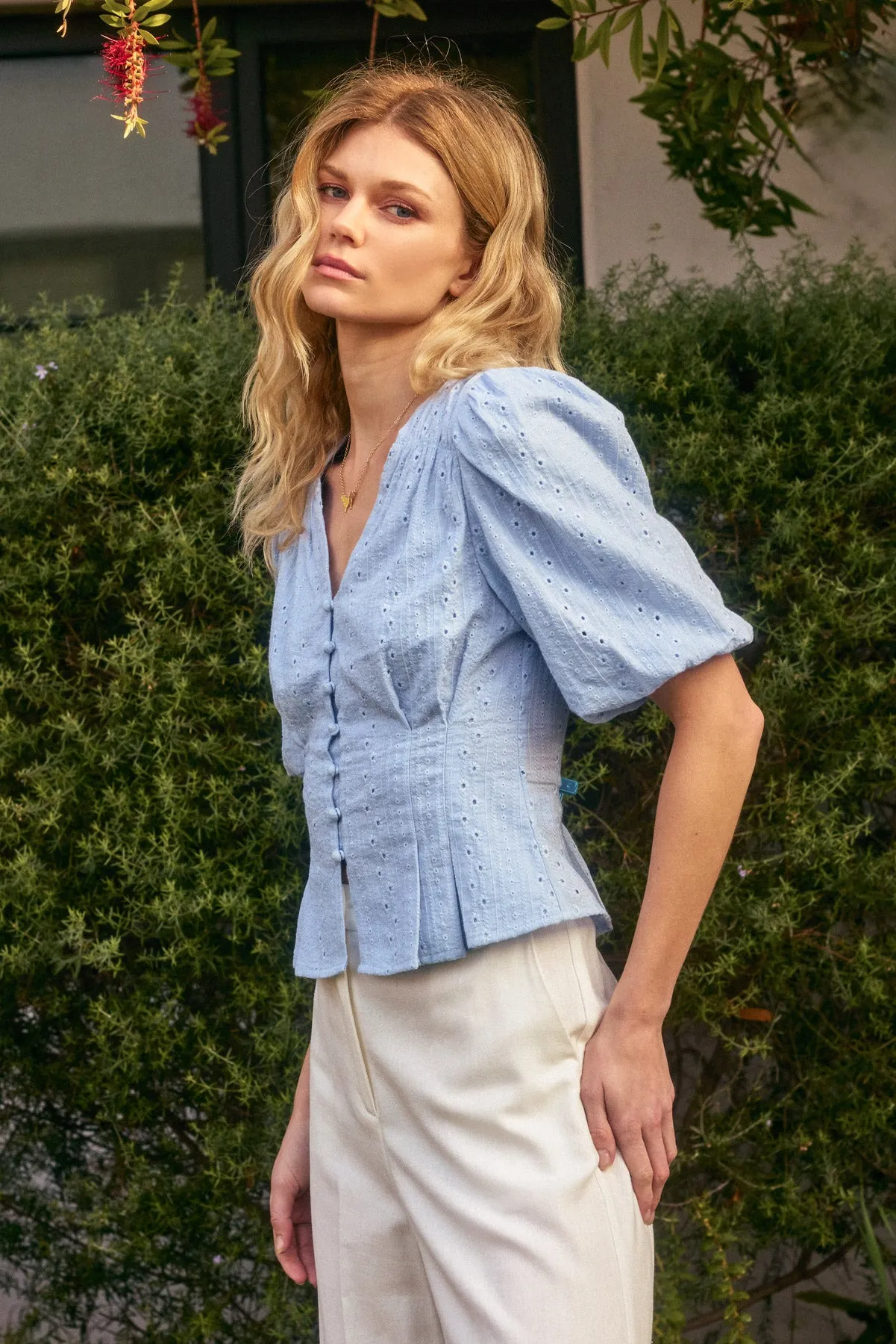 Evanna Eyelet Puff Sleeve Button Down Top