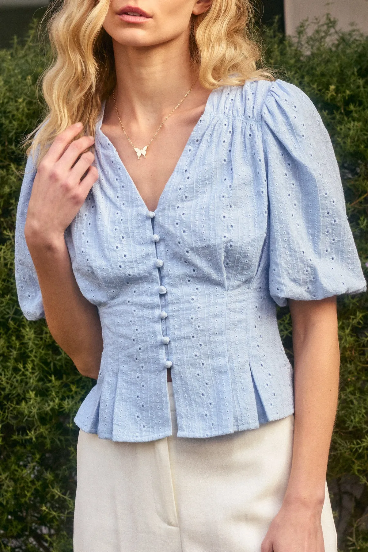 Evanna Eyelet Puff Sleeve Button Down Top