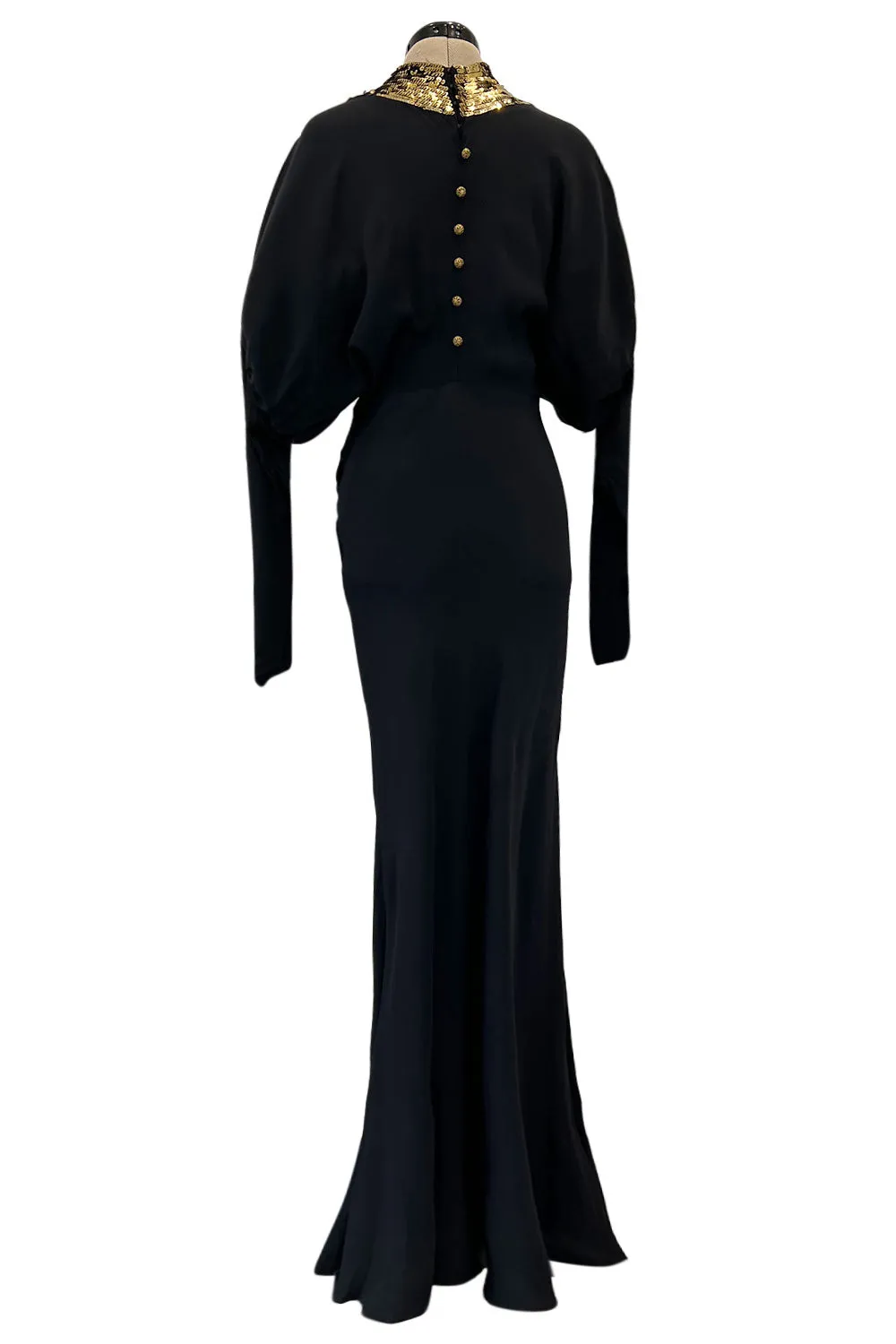 Fabulous 1930s Bias Cut Black Crepe w Gold Sequin Collar and Gold Metal Button Detail