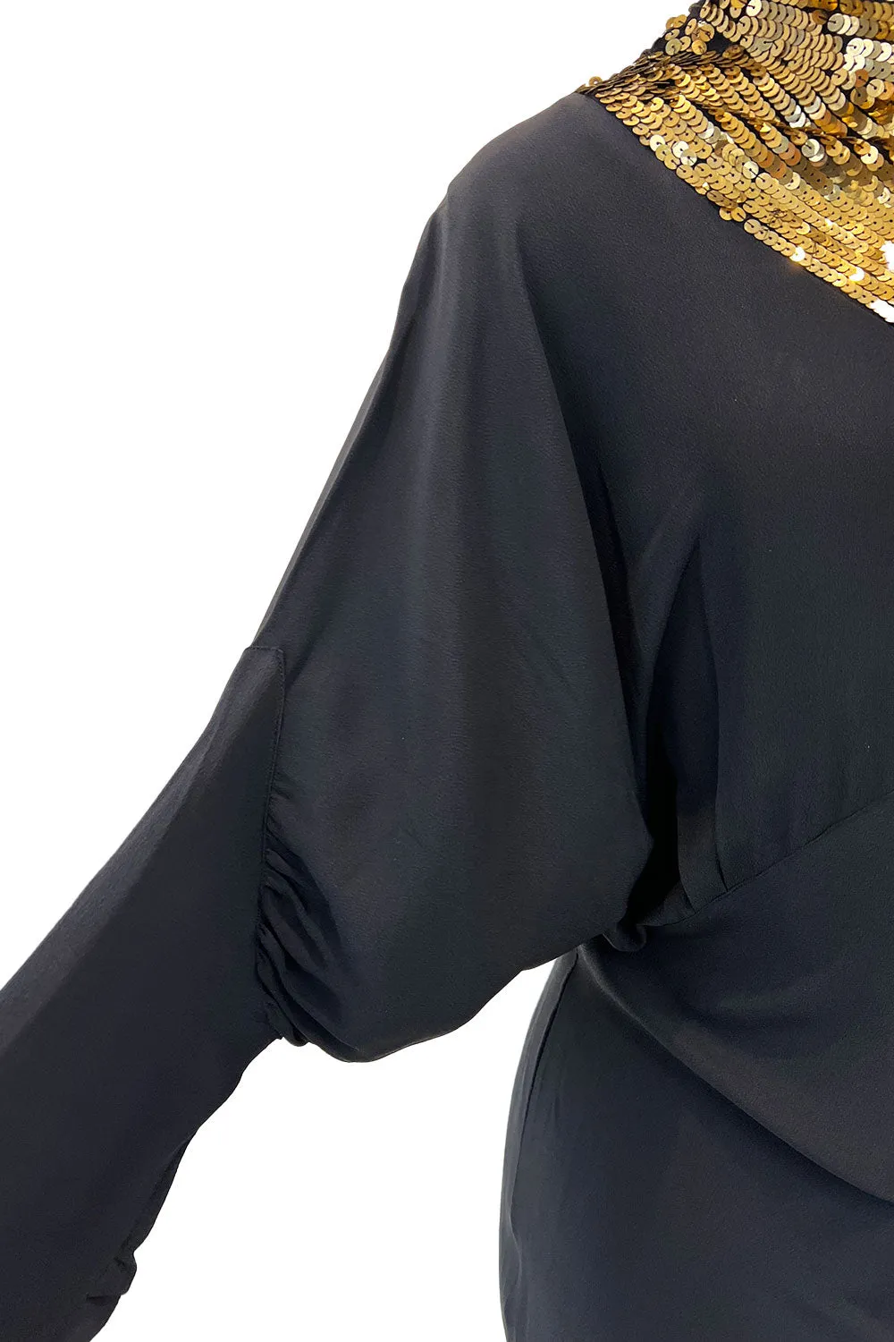 Fabulous 1930s Bias Cut Black Crepe w Gold Sequin Collar and Gold Metal Button Detail
