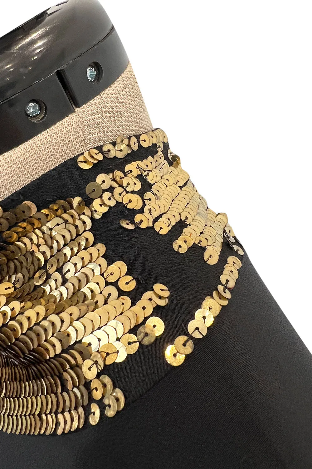 Fabulous 1930s Bias Cut Black Crepe w Gold Sequin Collar and Gold Metal Button Detail