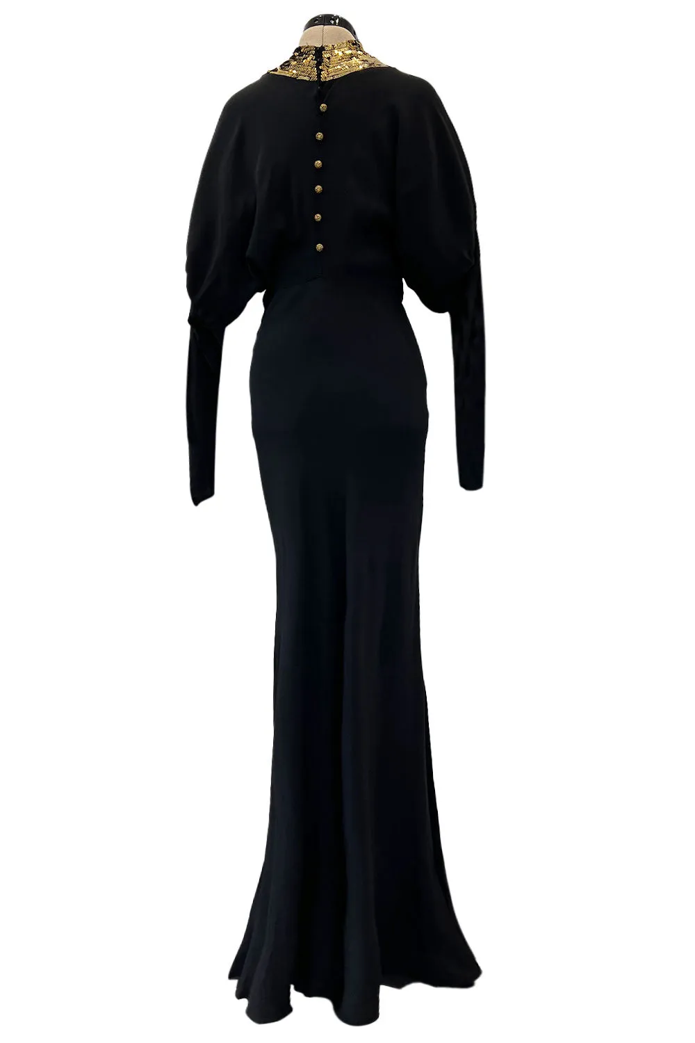 Fabulous 1930s Bias Cut Black Crepe w Gold Sequin Collar and Gold Metal Button Detail