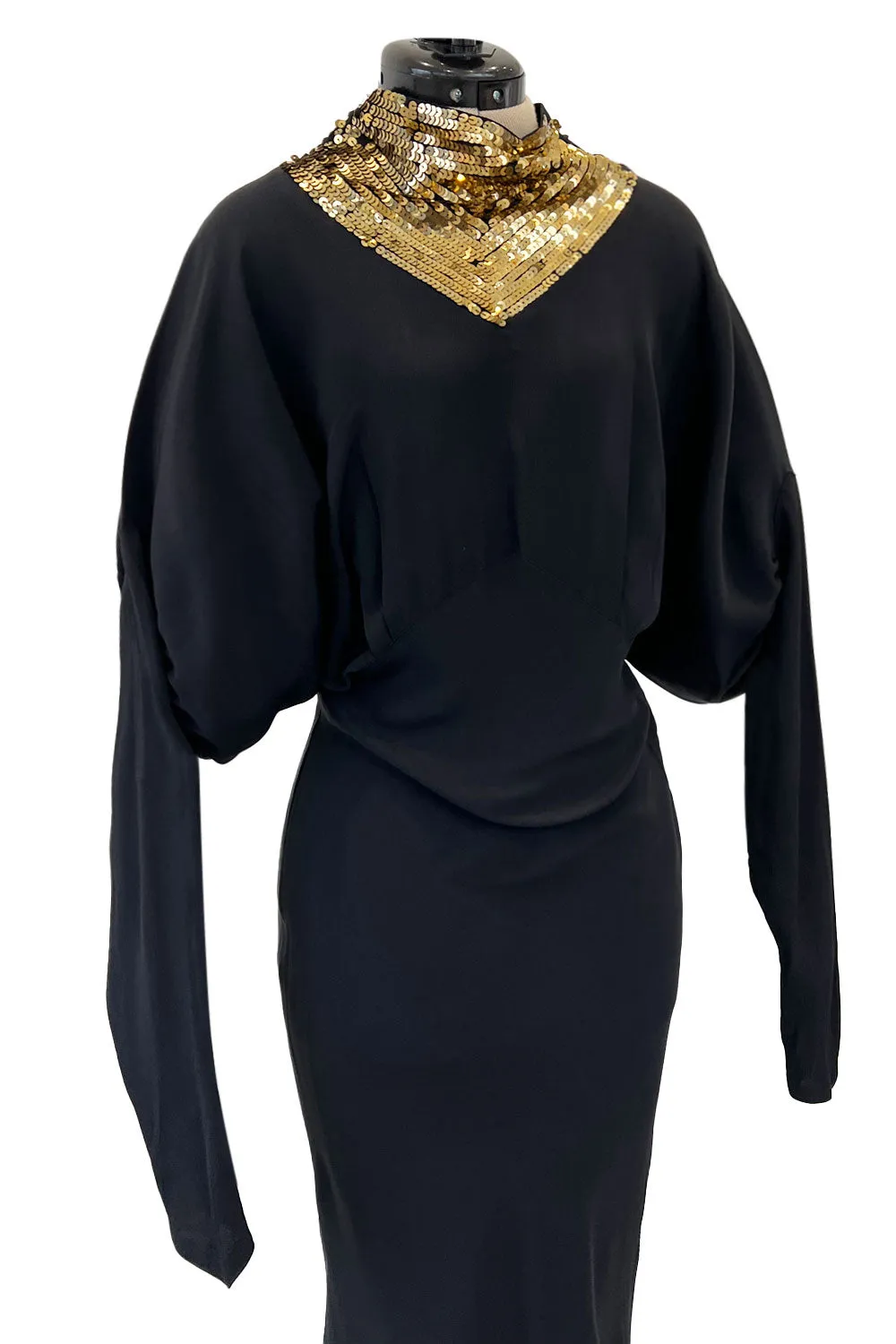 Fabulous 1930s Bias Cut Black Crepe w Gold Sequin Collar and Gold Metal Button Detail