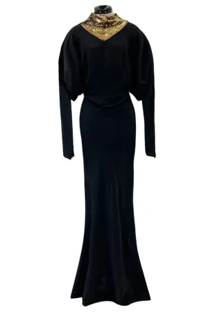 Fabulous 1930s Bias Cut Black Crepe w Gold Sequin Collar and Gold Metal Button Detail