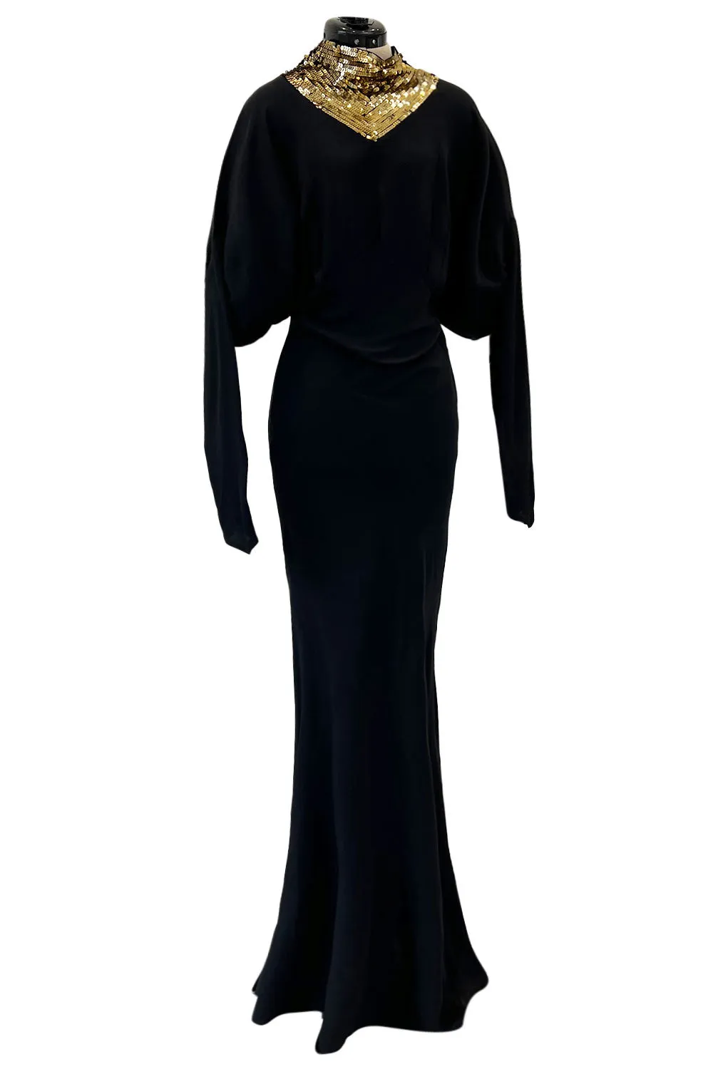 Fabulous 1930s Bias Cut Black Crepe w Gold Sequin Collar and Gold Metal Button Detail