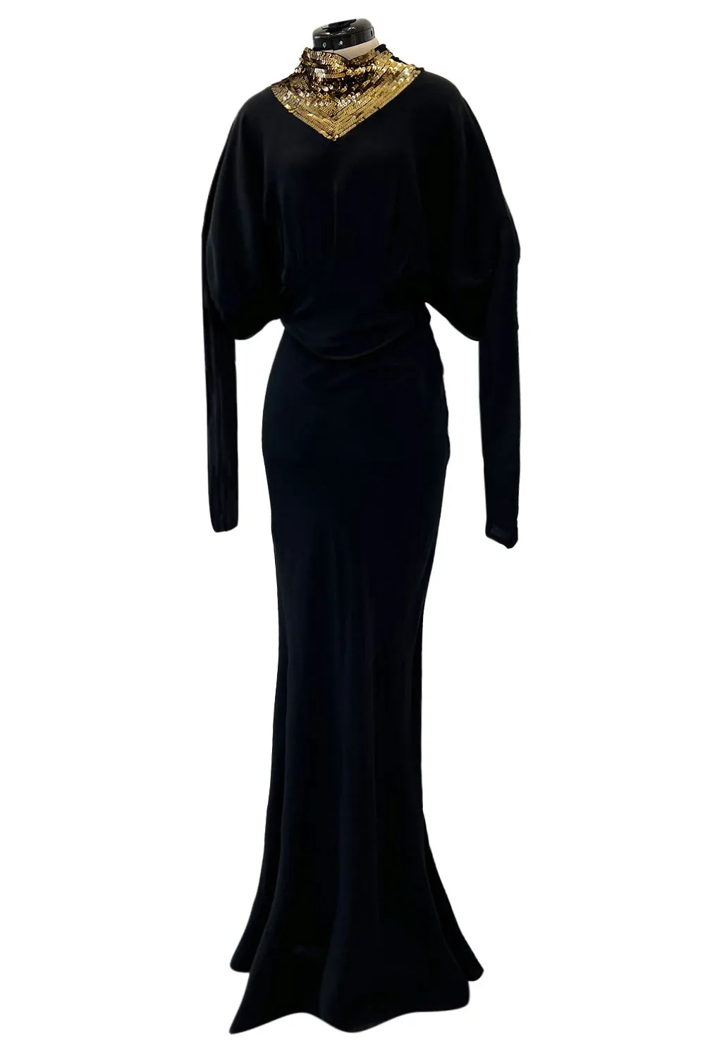 Fabulous 1930s Bias Cut Black Crepe w Gold Sequin Collar and Gold Metal Button Detail