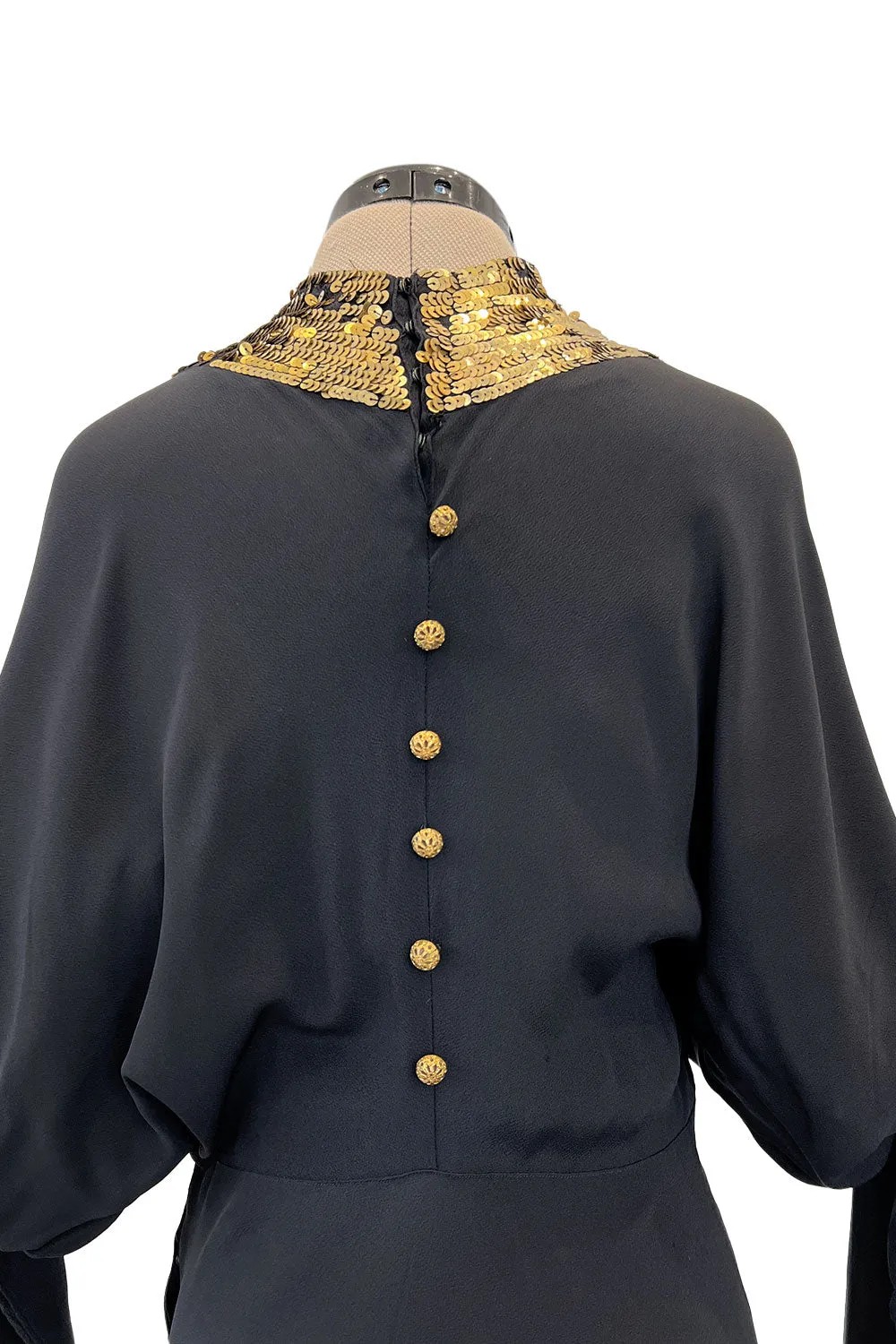 Fabulous 1930s Bias Cut Black Crepe w Gold Sequin Collar and Gold Metal Button Detail