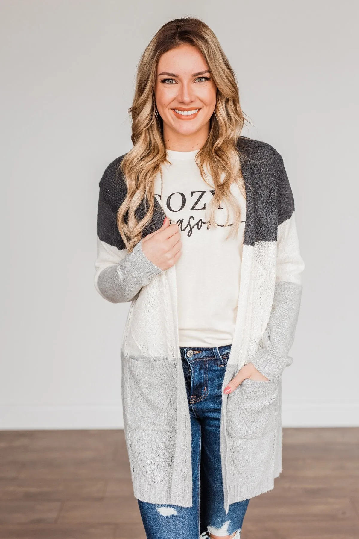 Falling Beauty Color Block Cardigan- Charcoal & Ivory