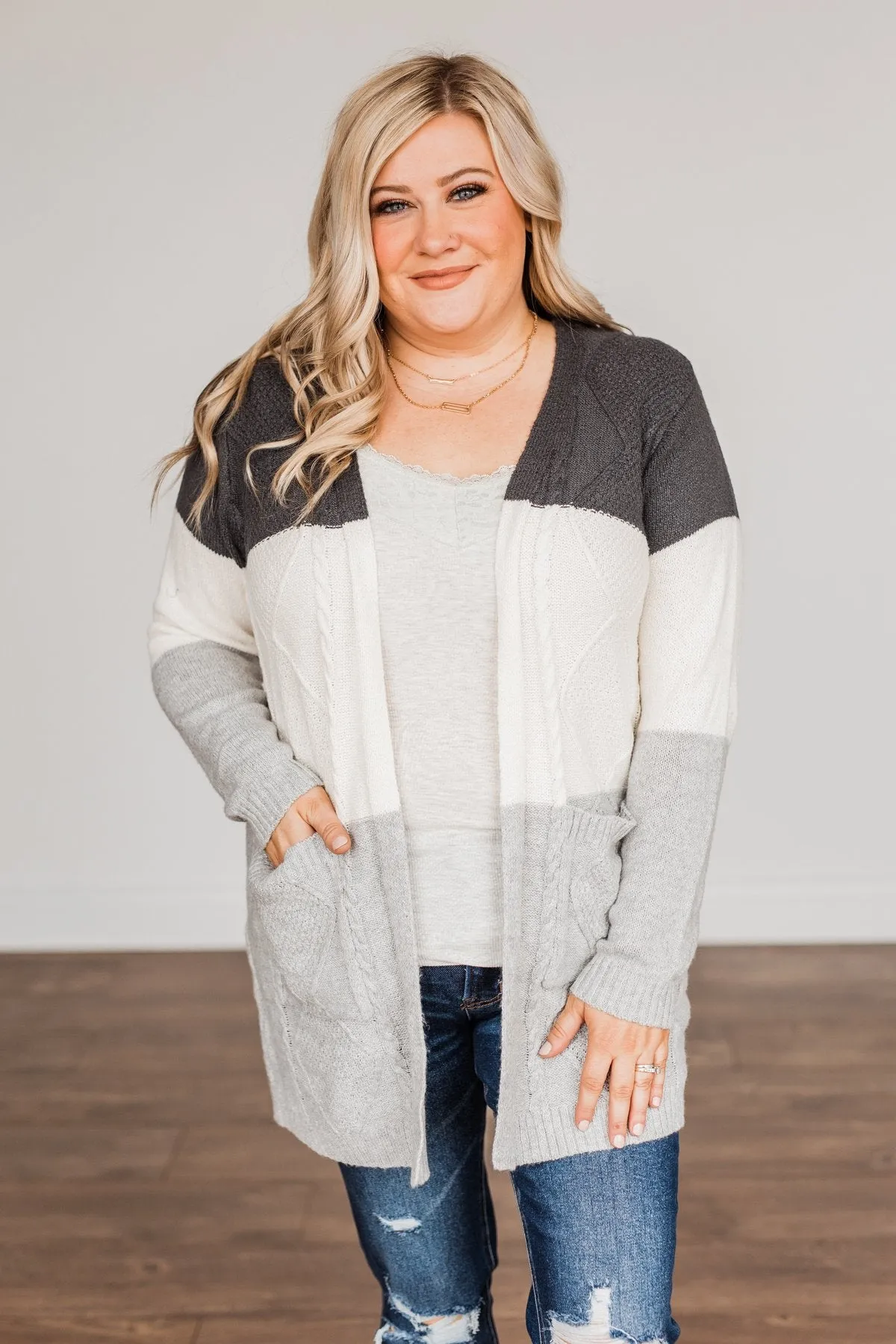 Falling Beauty Color Block Cardigan- Charcoal & Ivory