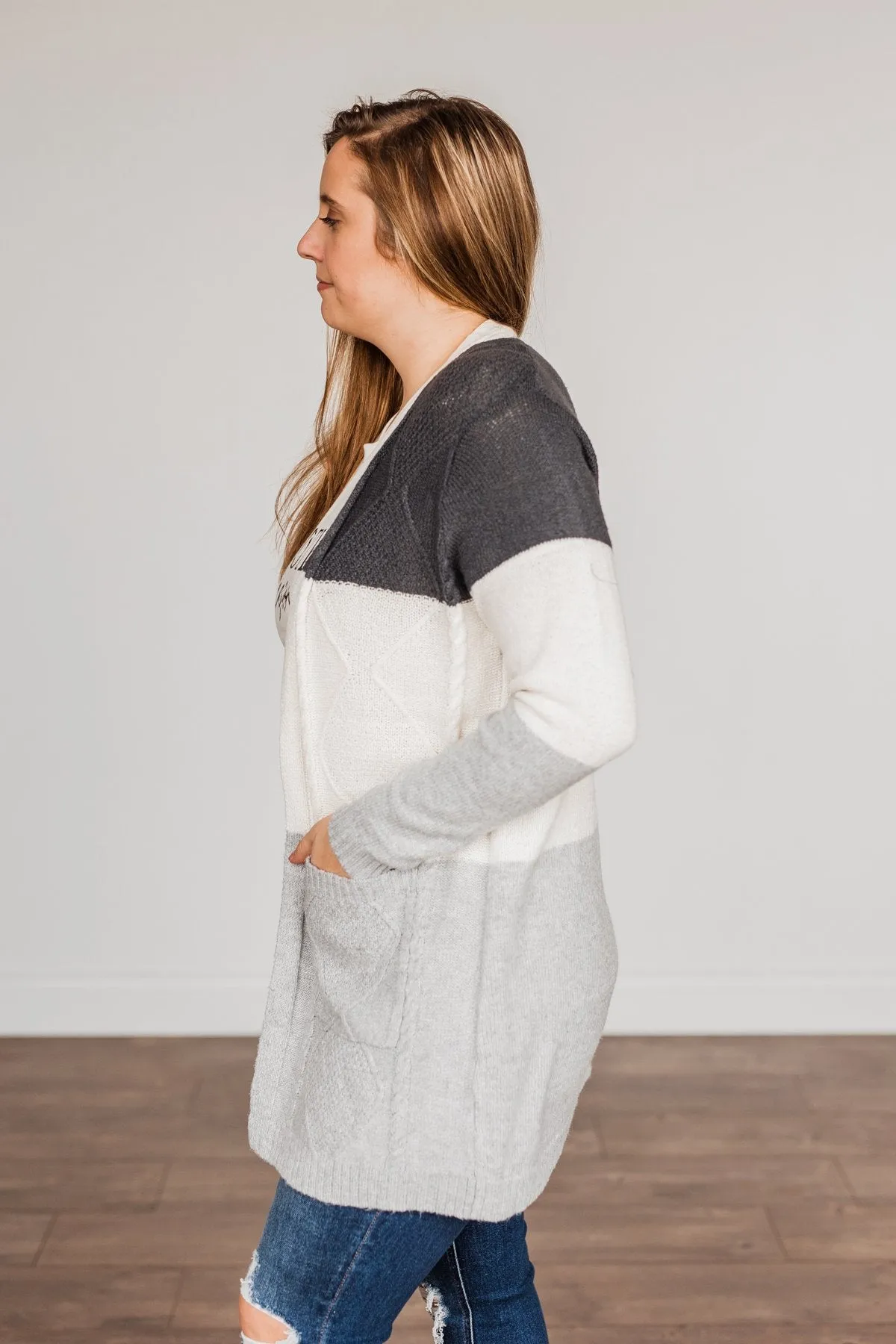 Falling Beauty Color Block Cardigan- Charcoal & Ivory