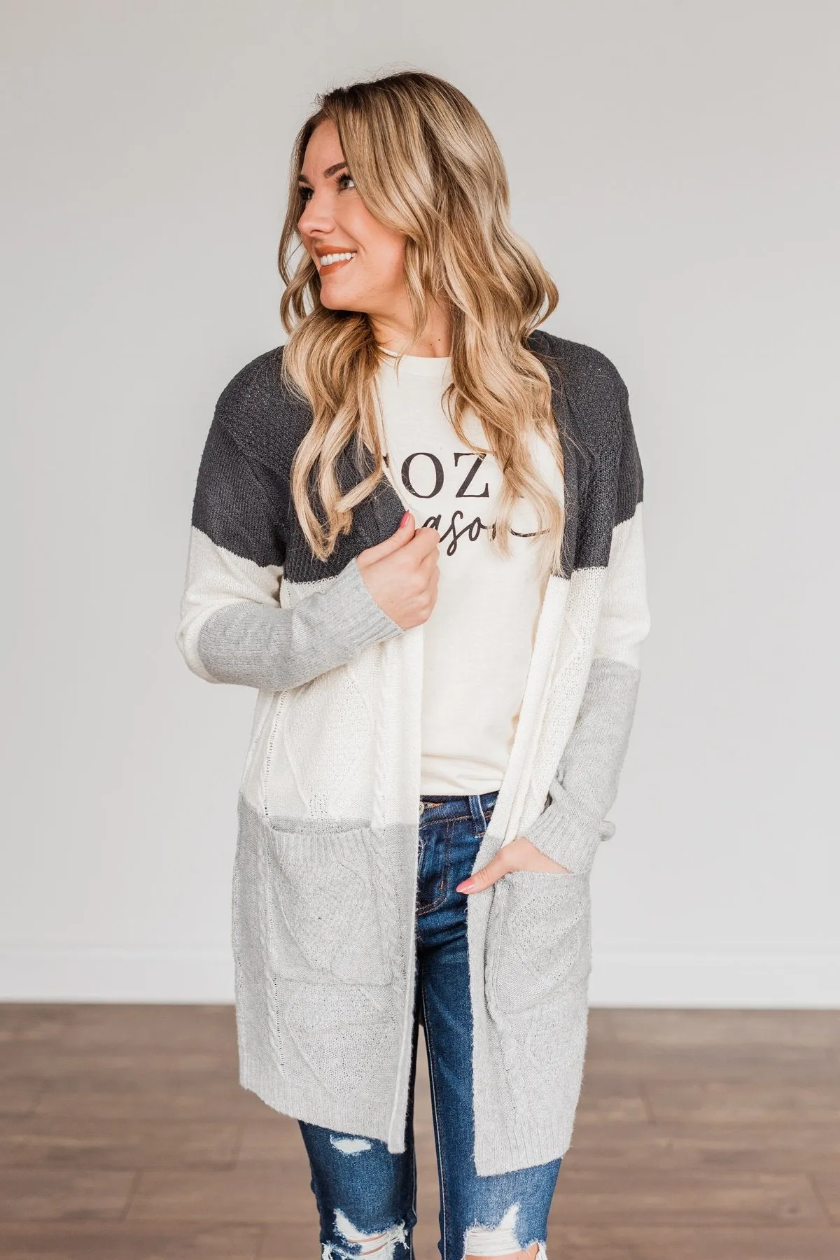 Falling Beauty Color Block Cardigan- Charcoal & Ivory