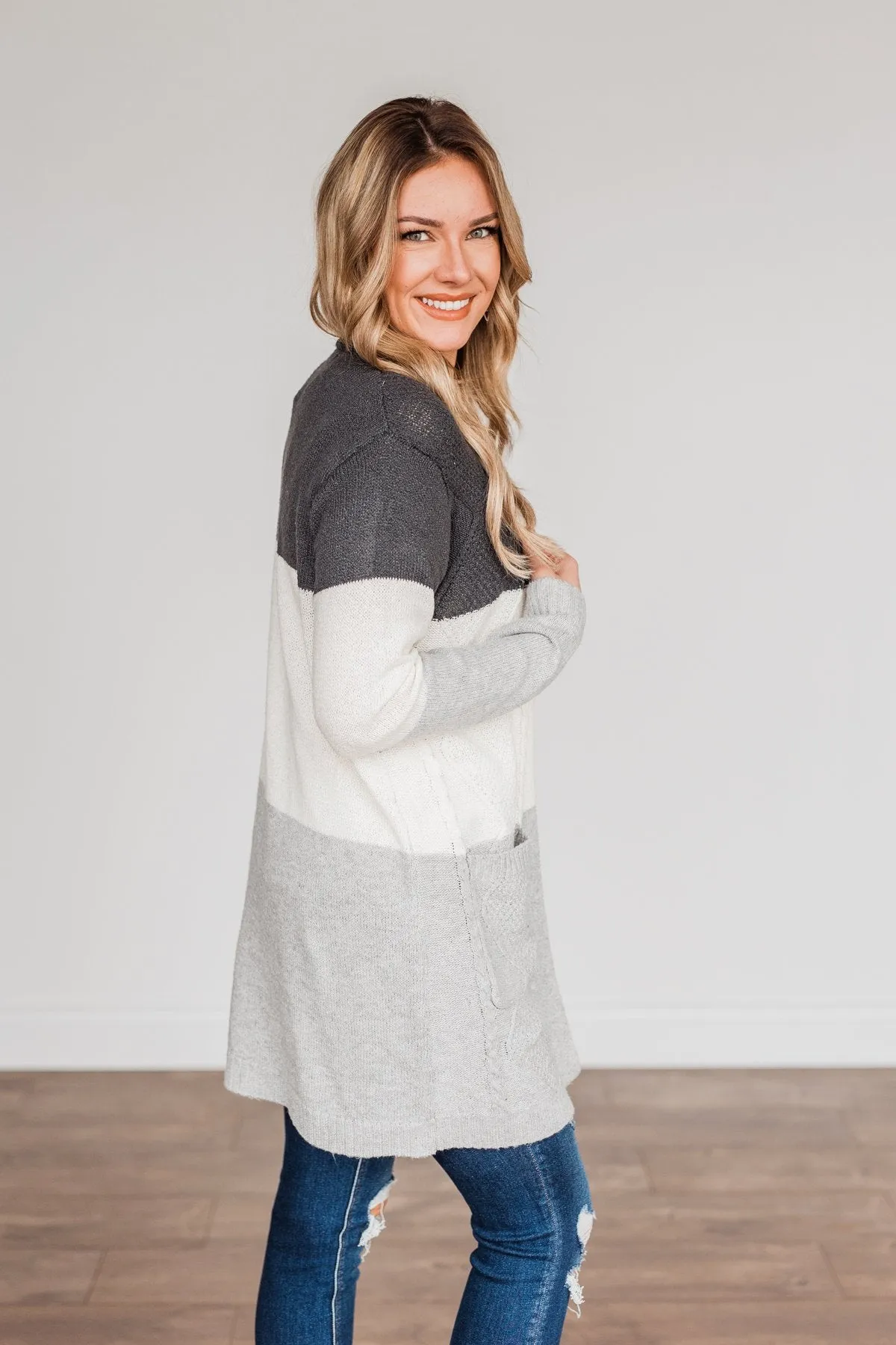 Falling Beauty Color Block Cardigan- Charcoal & Ivory
