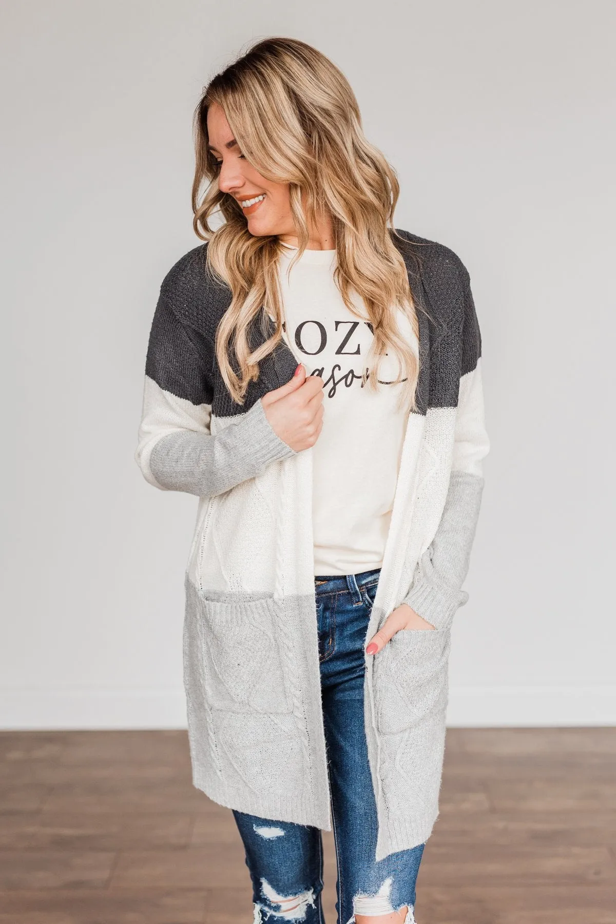 Falling Beauty Color Block Cardigan- Charcoal & Ivory