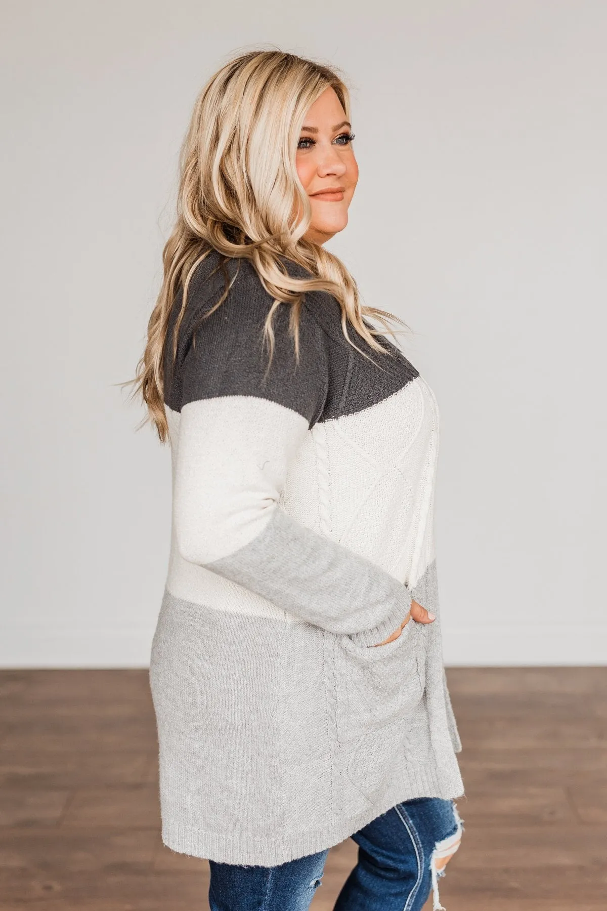 Falling Beauty Color Block Cardigan- Charcoal & Ivory