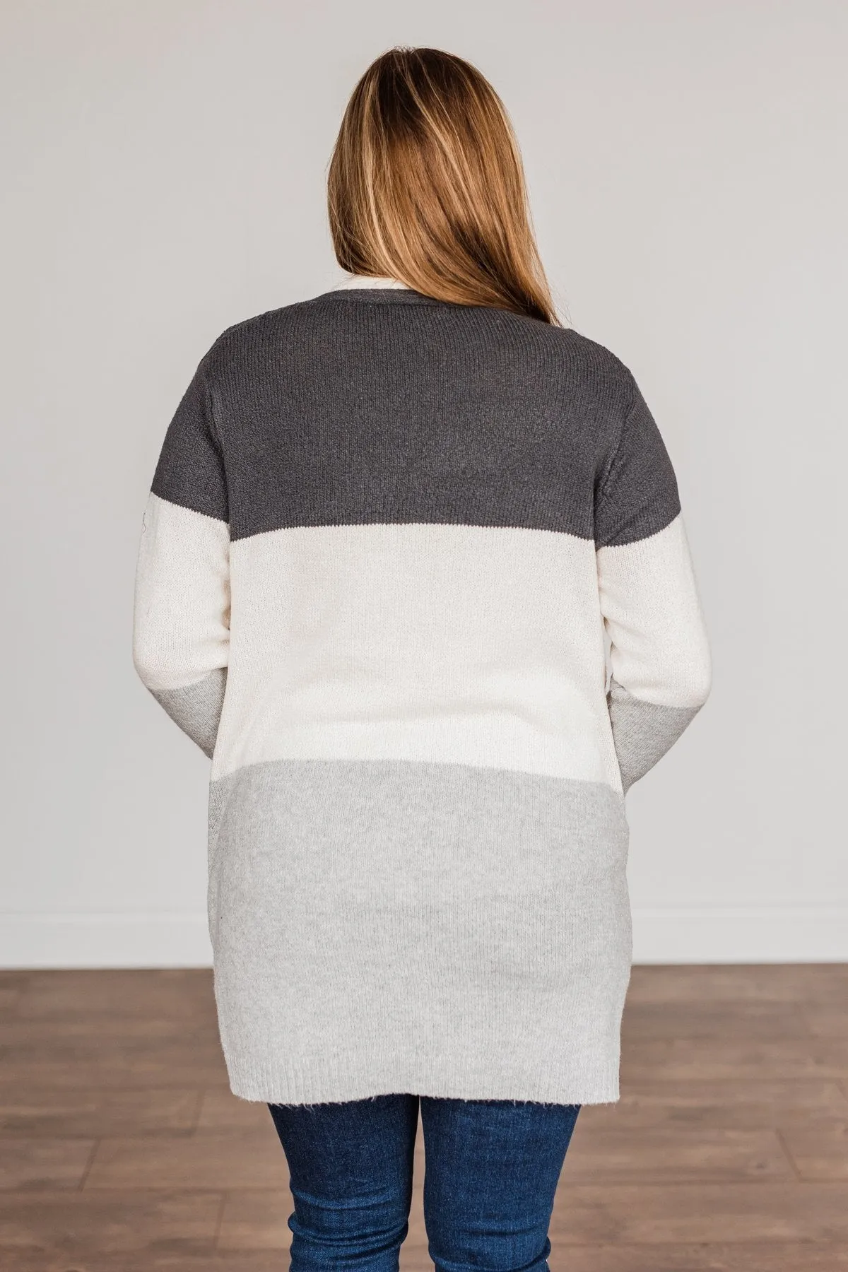 Falling Beauty Color Block Cardigan- Charcoal & Ivory