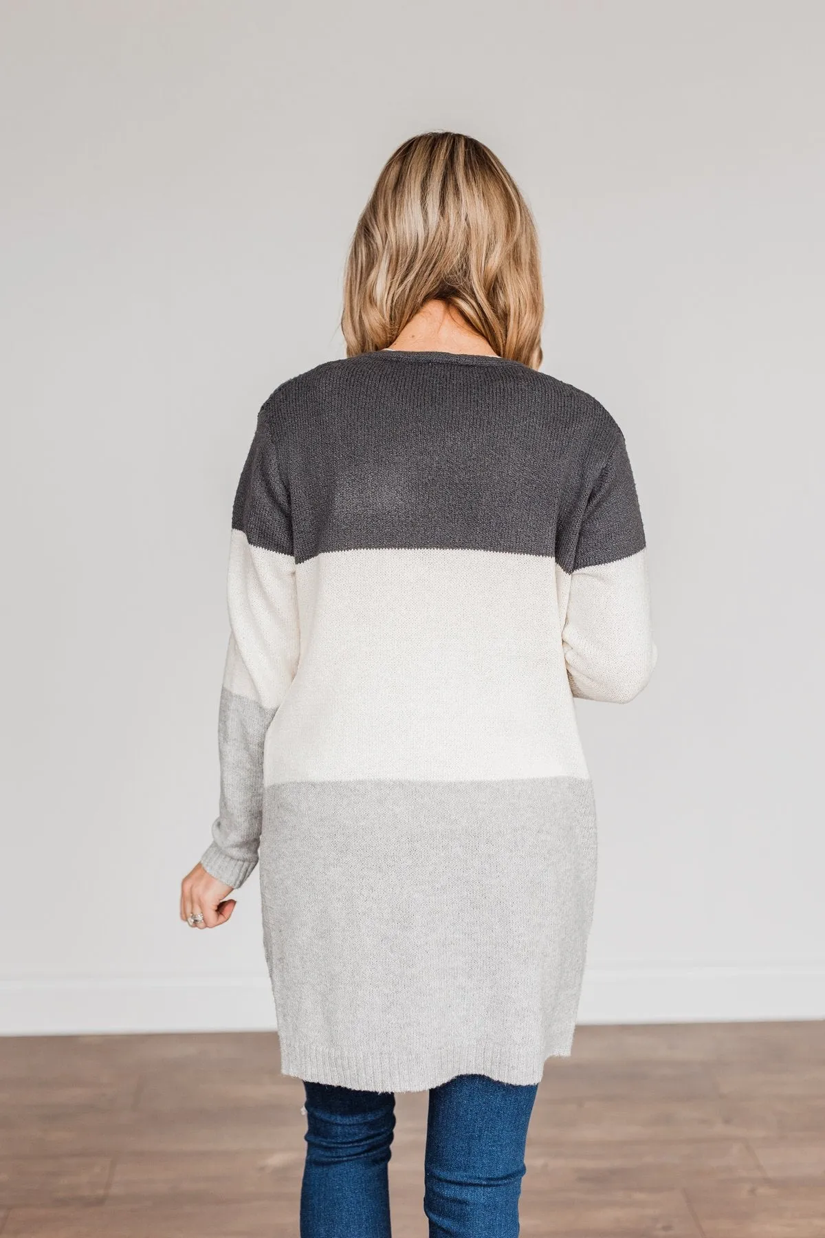 Falling Beauty Color Block Cardigan- Charcoal & Ivory