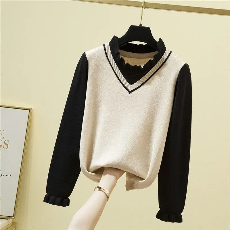 Fall/winter Korean Version of Loose Outer Wear All-match Fake Two-piece Japanese Sweater Sweater Top Women's Bottoming Shirt