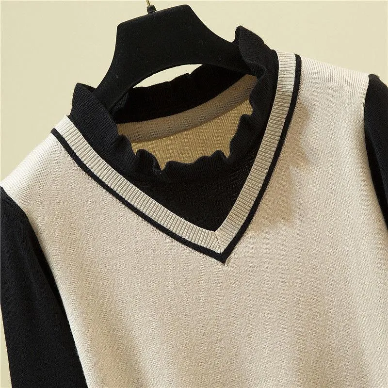 Fall/winter Korean Version of Loose Outer Wear All-match Fake Two-piece Japanese Sweater Sweater Top Women's Bottoming Shirt