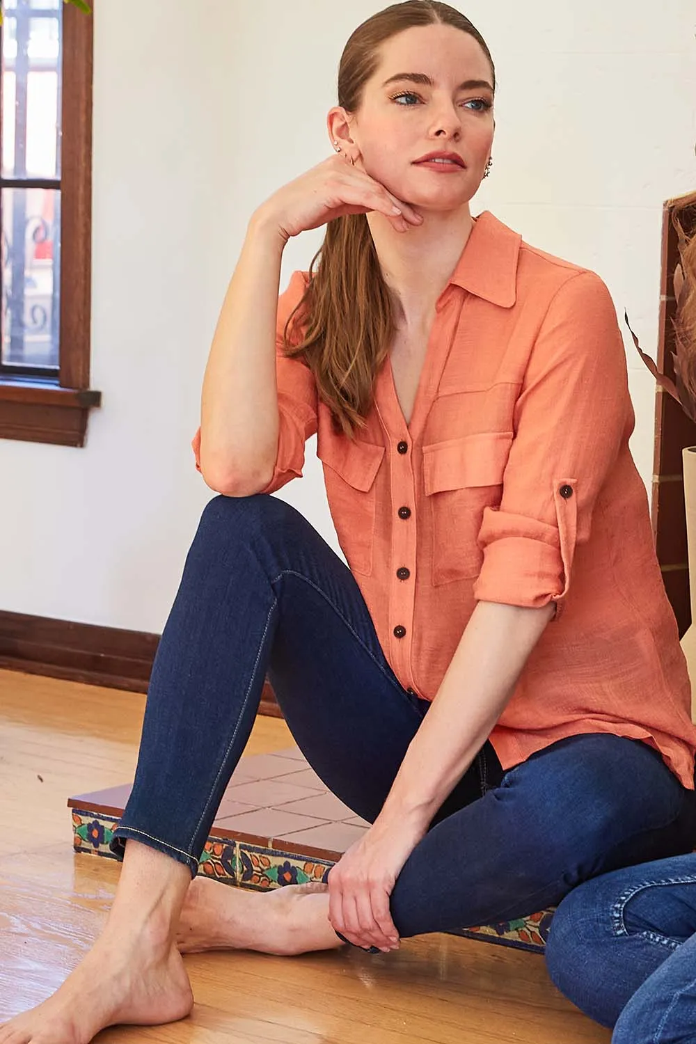 FLAP POCKET BUTTON DOWN BOYFRIEND SHIRT