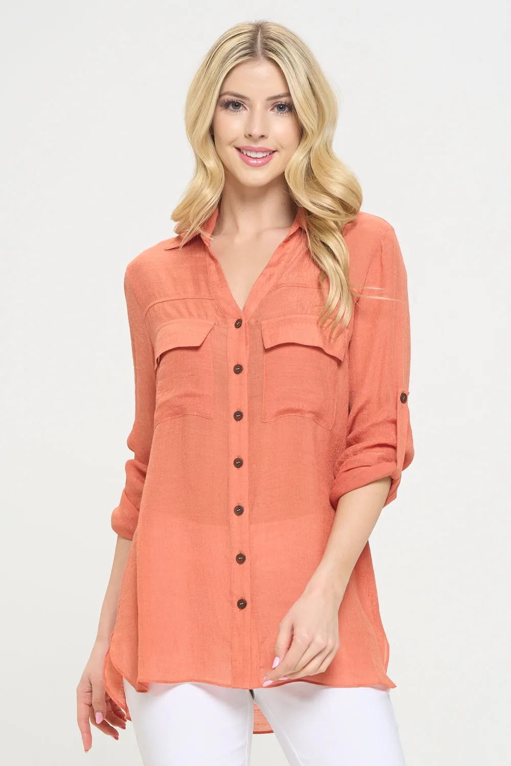 Flap Pocket Button Down Front Boyfriend Shirt