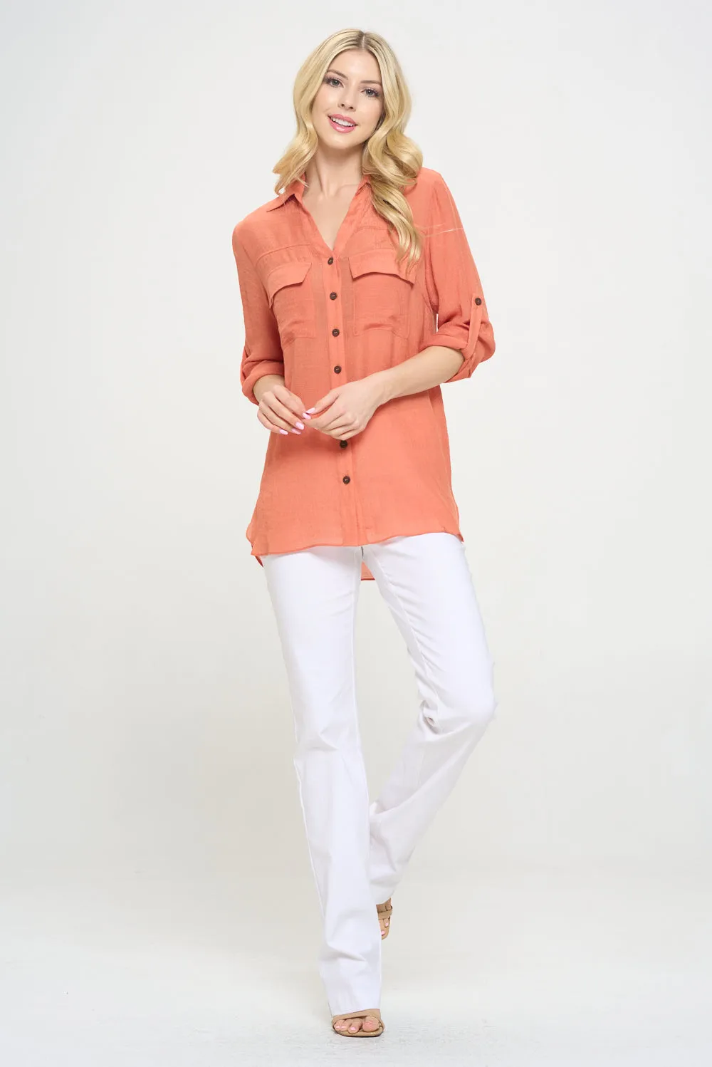 Flap Pocket Button Down Front Boyfriend Shirt